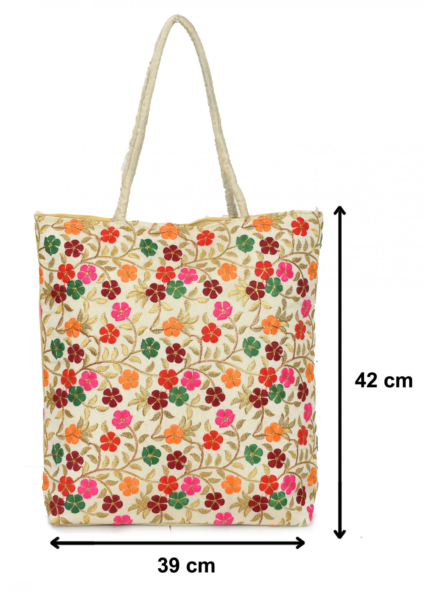 Kuber Industries Embroidery Handbags for Women | Zipper Tote Bag for Grocery, Shopping, Travel, Beach | Shoulder Bags for Women (Cream)-KUBMRT11887