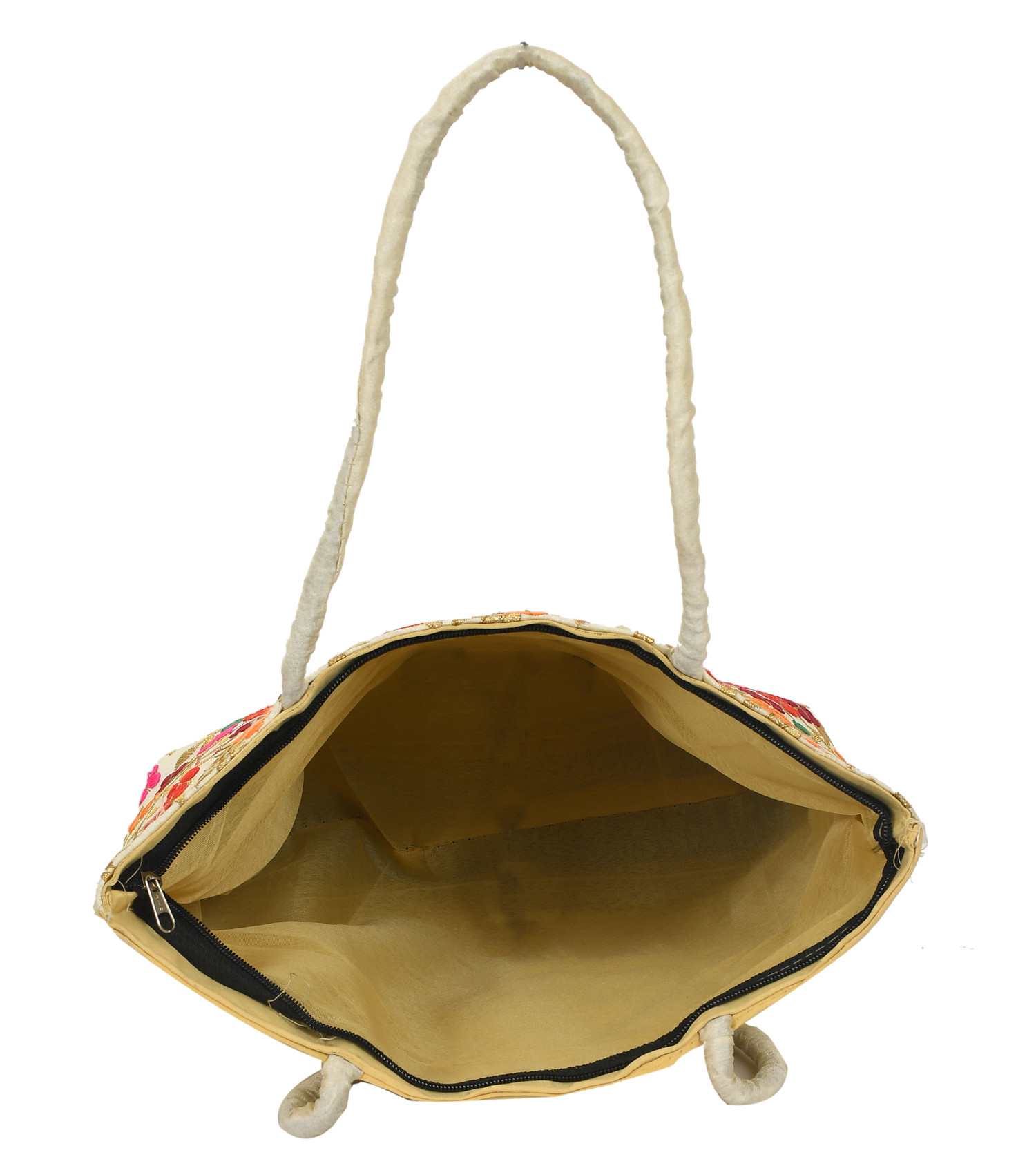 Kuber Industries Embroidery Handbags for Women | Zipper Tote Bag for Grocery, Shopping, Travel, Beach | Shoulder Bags for Women (Cream)-KUBMRT11887