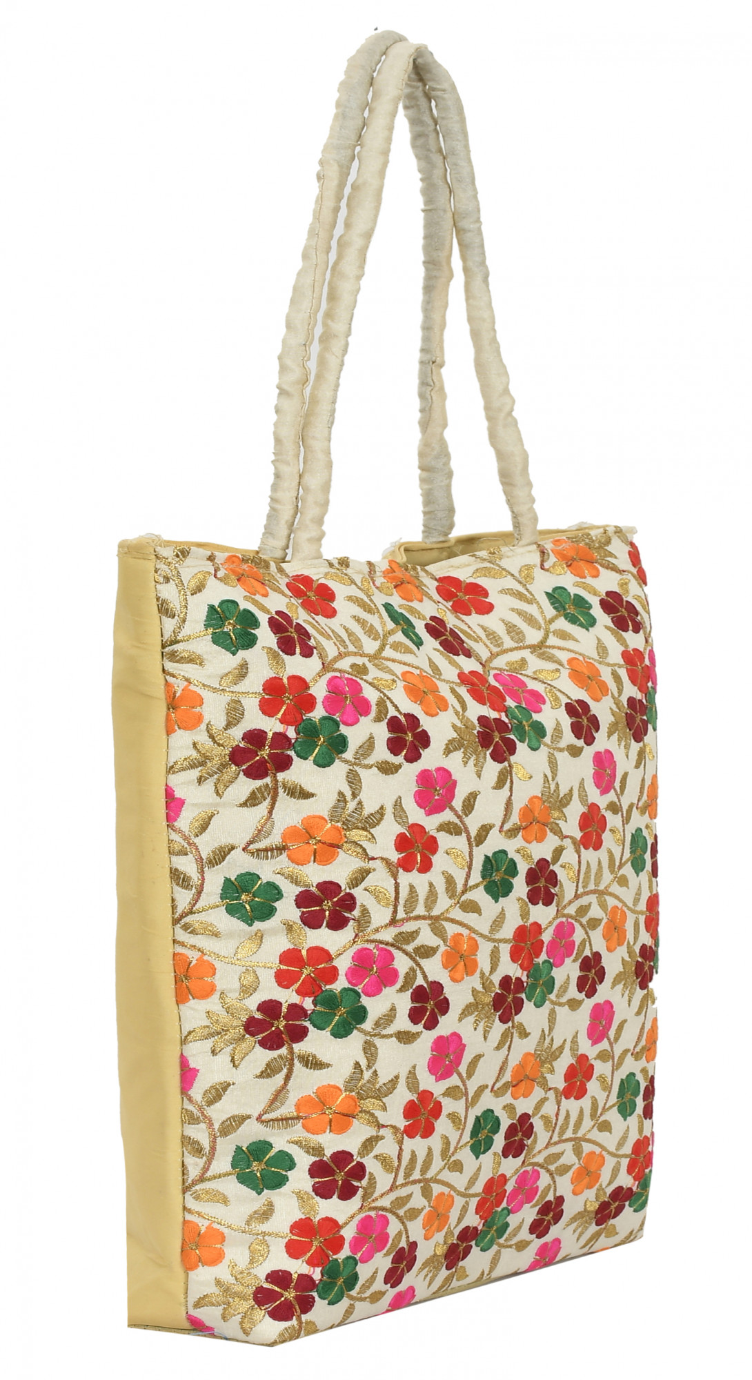 Kuber Industries Embroidery Handbags for Women | Zipper Tote Bag for Grocery, Shopping, Travel, Beach | Shoulder Bags for Women (Cream)-KUBMRT11887