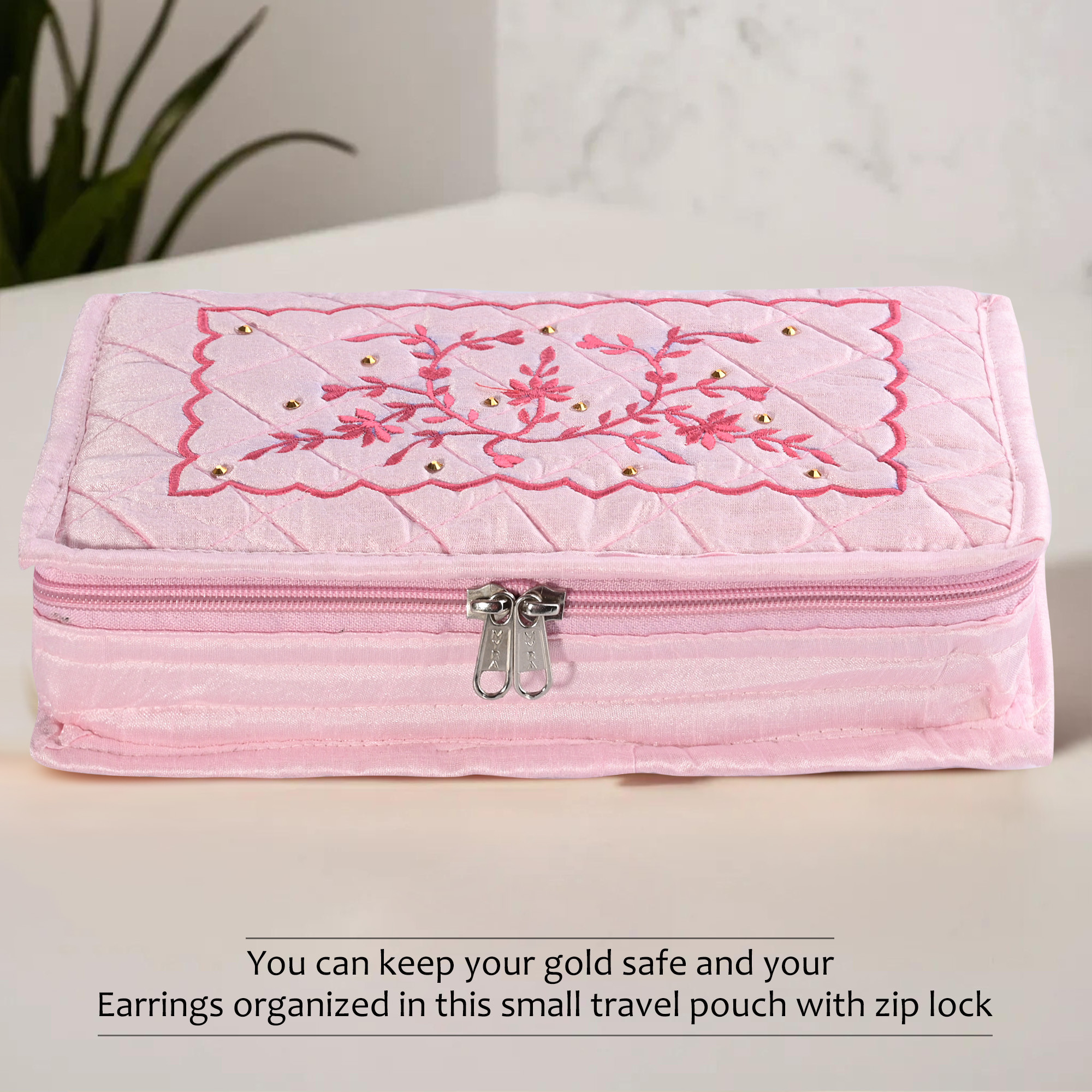 Kuber Industries Embroidery Jewellery Box For Women - 7-Compartments Travel Pouch with Zip Lock For Gold Storage  Earrings Organizing- Light Pink