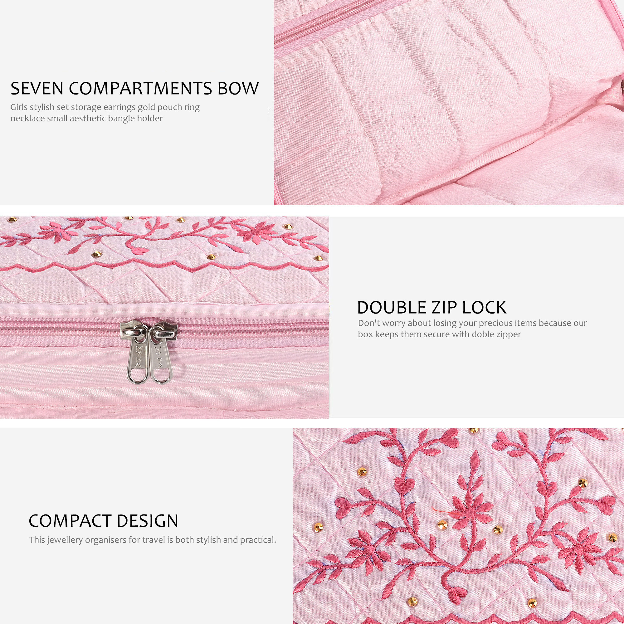 Kuber Industries Embroidery Jewellery Box For Women - 7-Compartments Travel Pouch with Zip Lock For Gold Storage  Earrings Organizing- Light Pink