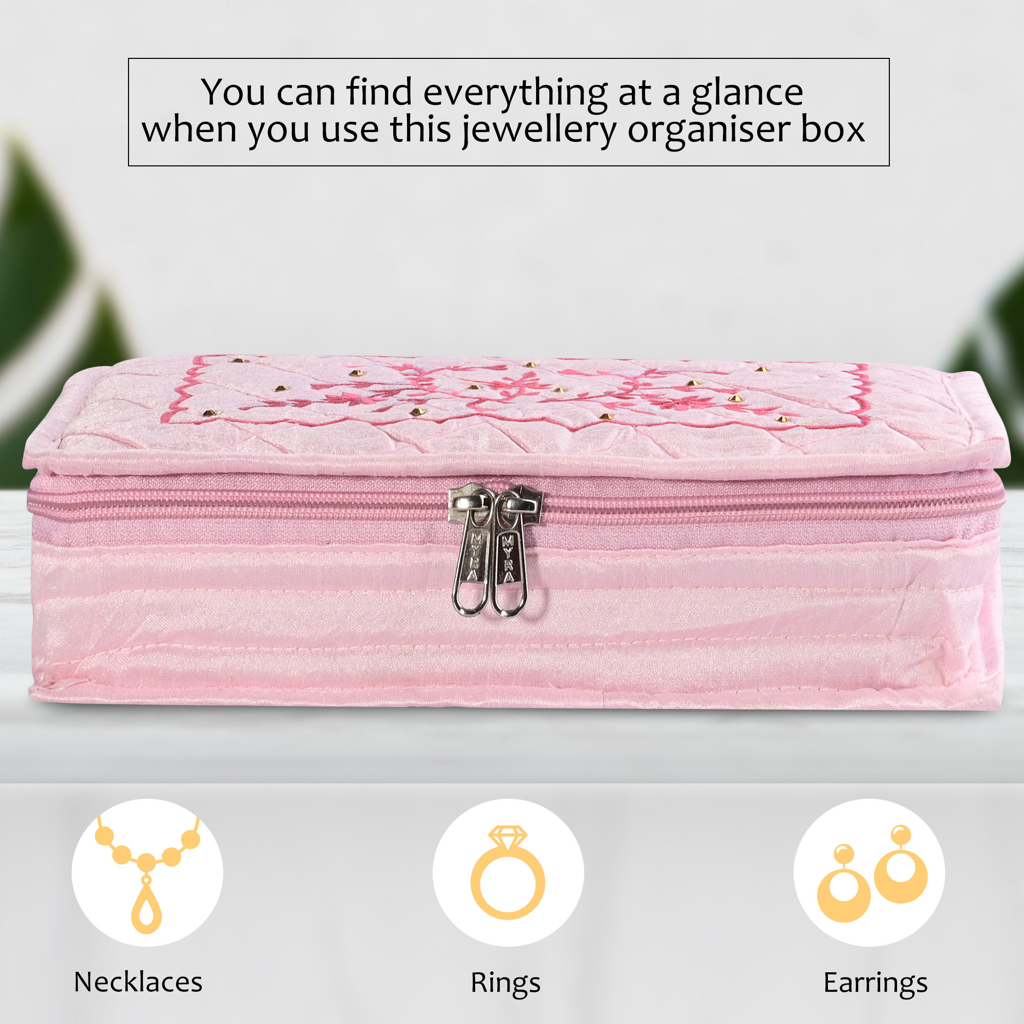 Kuber Industries Embroidery Jewellery Box For Women - 7-Compartments Travel Pouch with Zip Lock For Gold Storage  Earrings Organizing- Light Pink