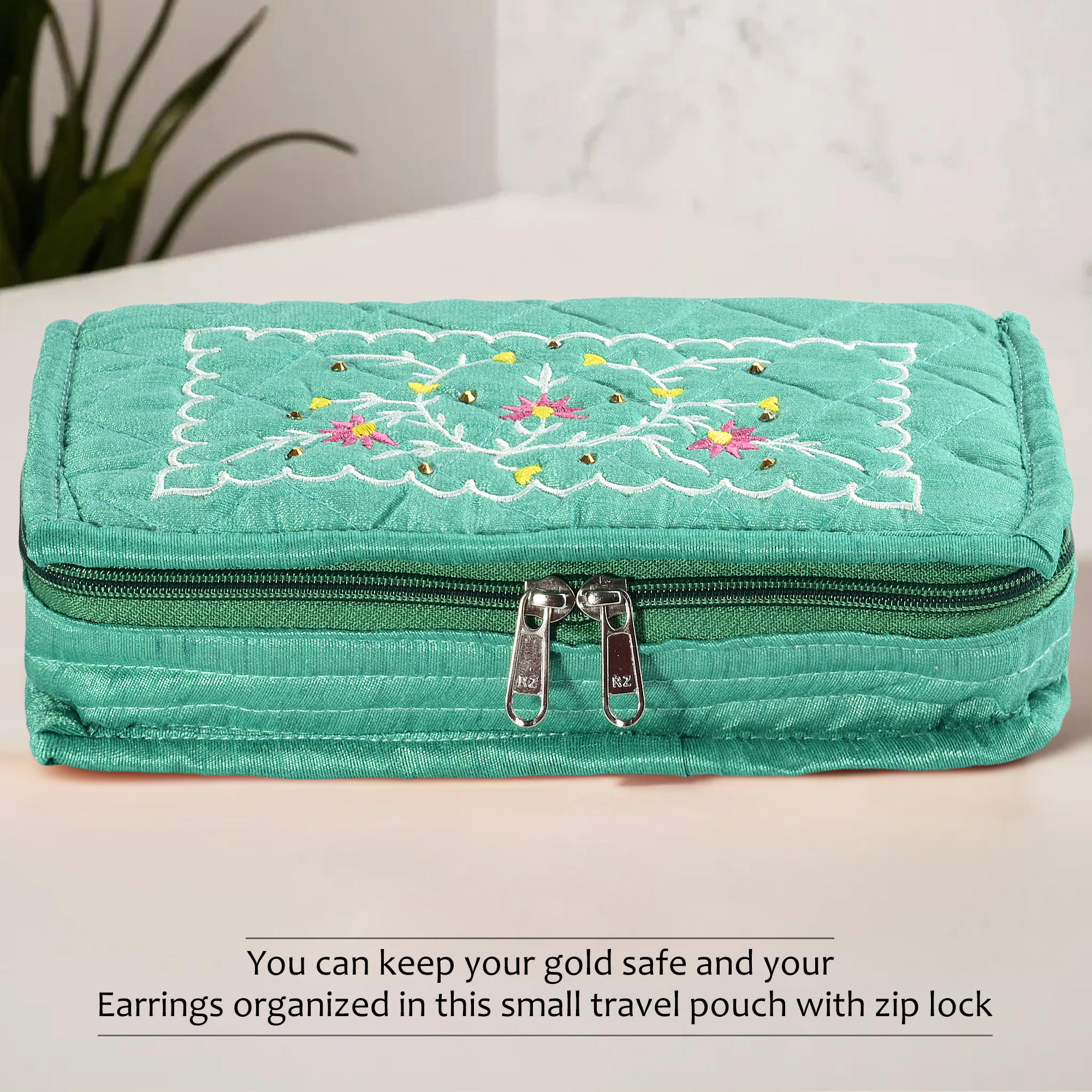 Kuber Industries Embroidery Jewellery Box For Women - 7-Compartments Travel Pouch with Zip Lock For Gold Storage  Earrings Organizing- Green