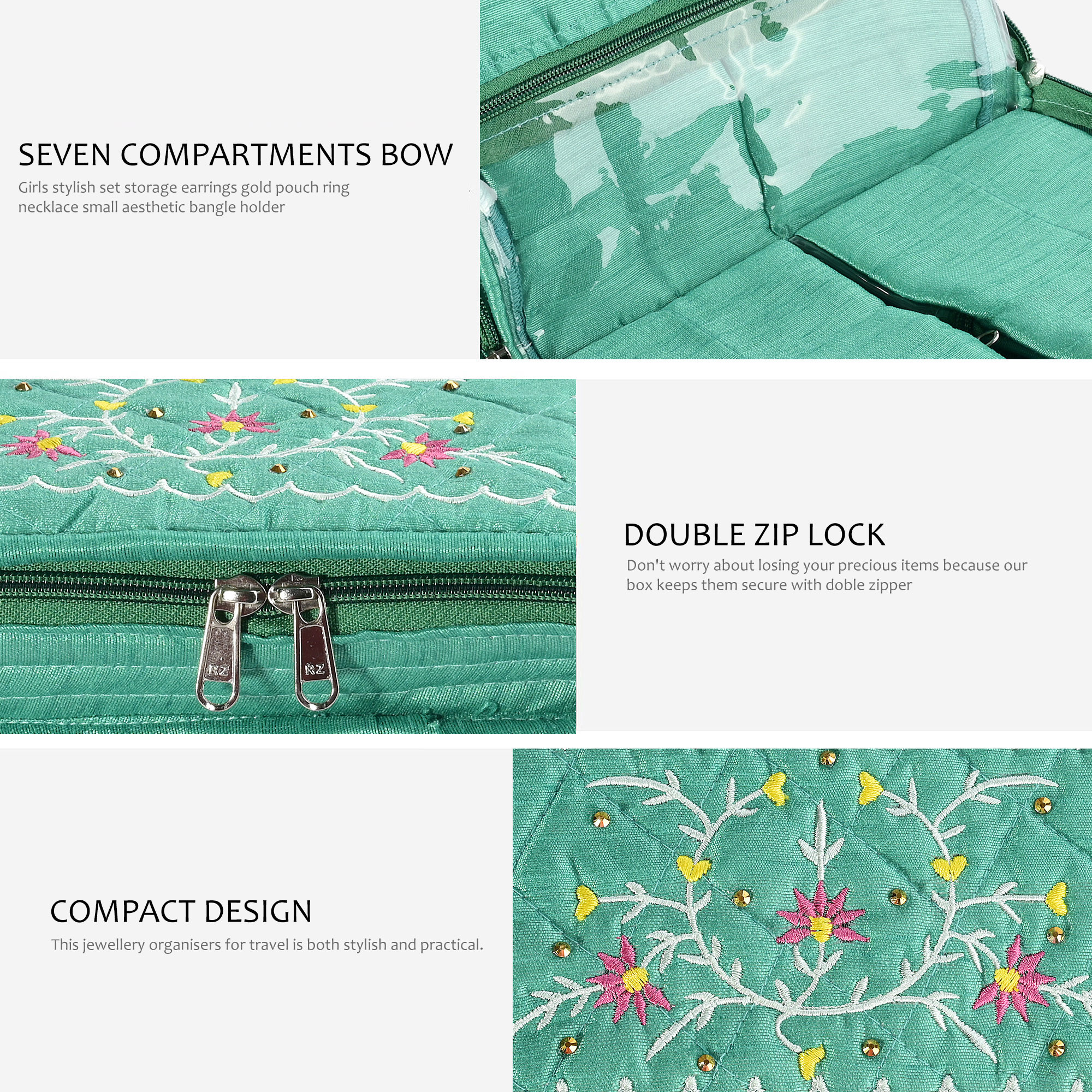 Kuber Industries Embroidery Jewellery Box For Women - 7-Compartments Travel Pouch with Zip Lock For Gold Storage  Earrings Organizing- Green