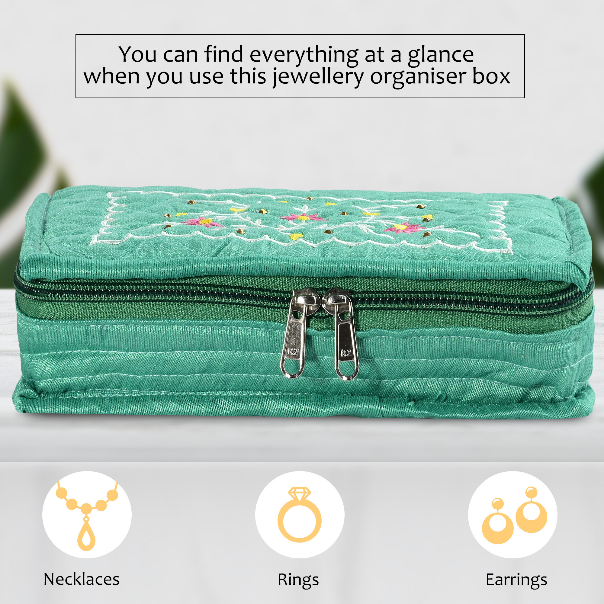 Kuber Industries Embroidery Jewellery Box For Women - 7-Compartments Travel Pouch with Zip Lock For Gold Storage  Earrings Organizing- Green