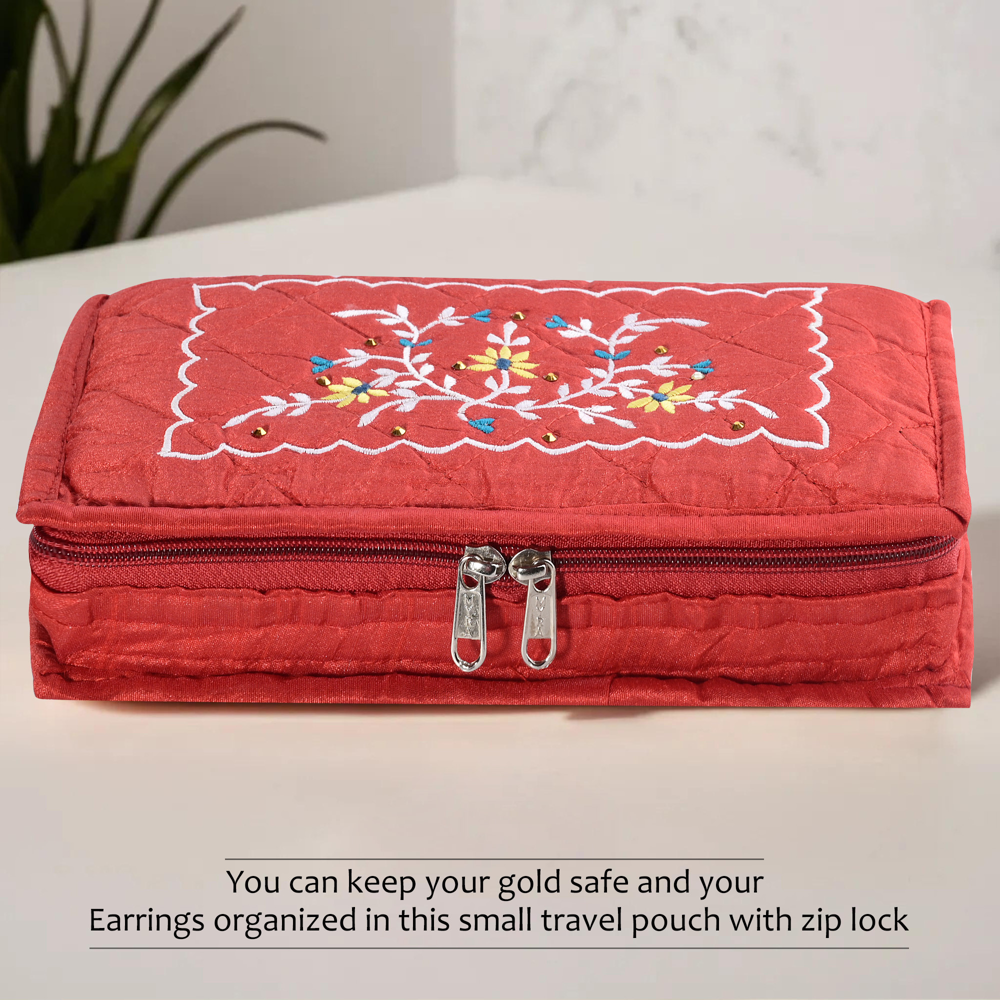 Kuber Industries Embroidery Jewellery Box For Women - 7-Compartments Travel Pouch with Zip Lock For Gold Storage  Earrings Organizing- Red