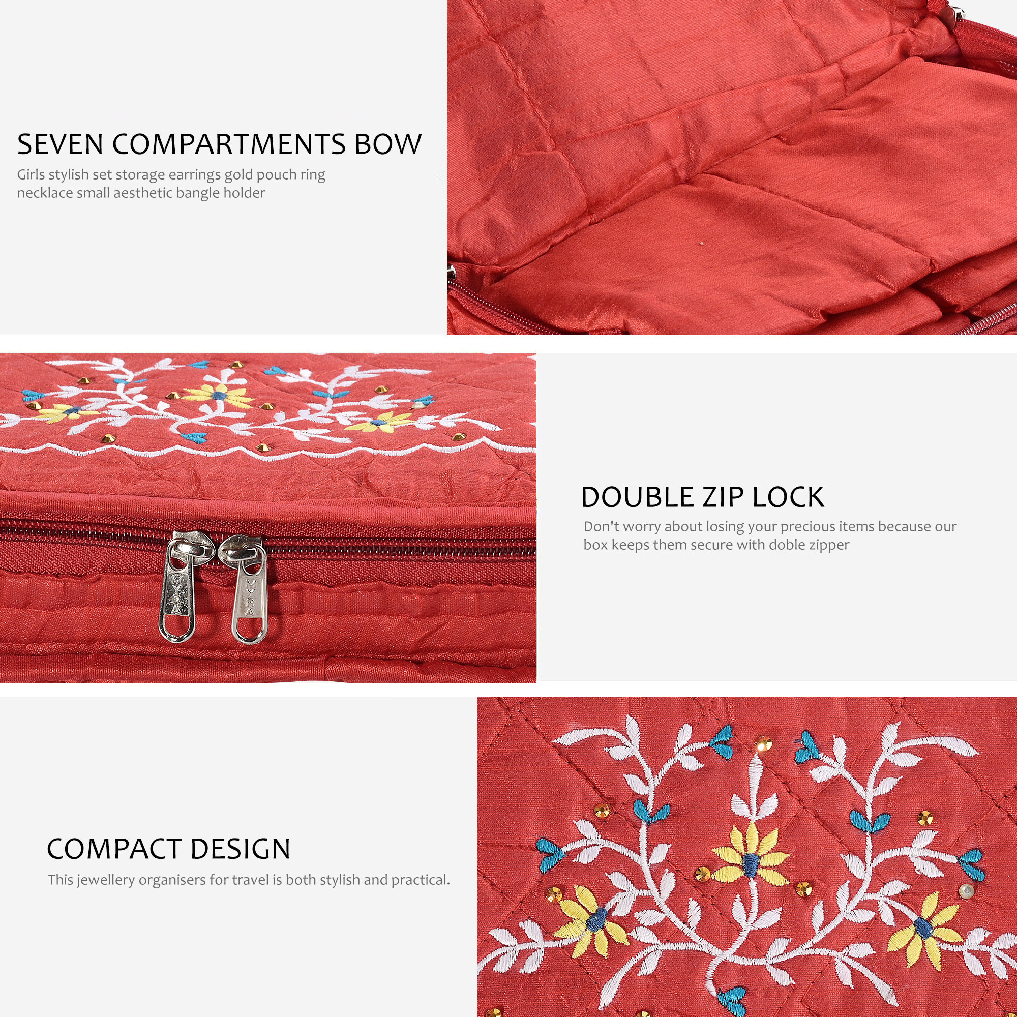 Kuber Industries Embroidery Jewellery Box For Women - 7-Compartments Travel Pouch with Zip Lock For Gold Storage  Earrings Organizing- Red