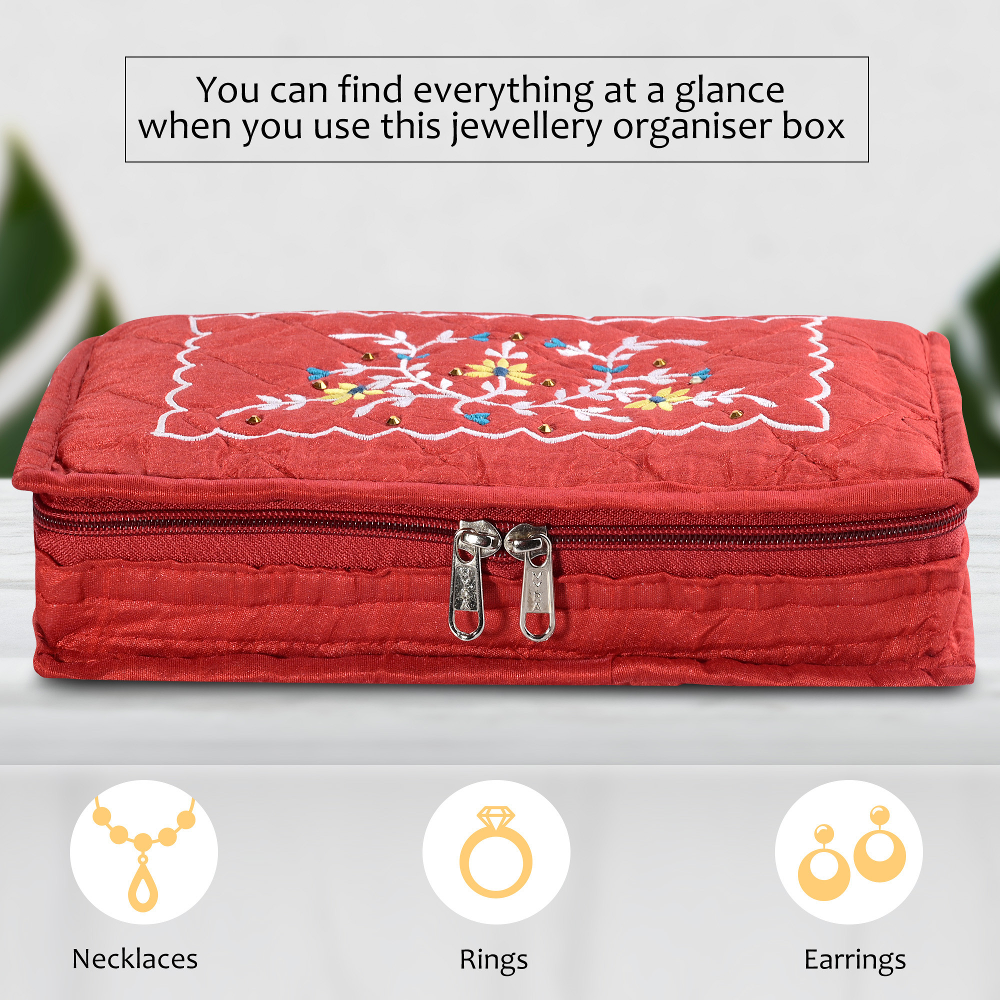 Kuber Industries Embroidery Jewellery Box For Women - 7-Compartments Travel Pouch with Zip Lock For Gold Storage  Earrings Organizing- Red