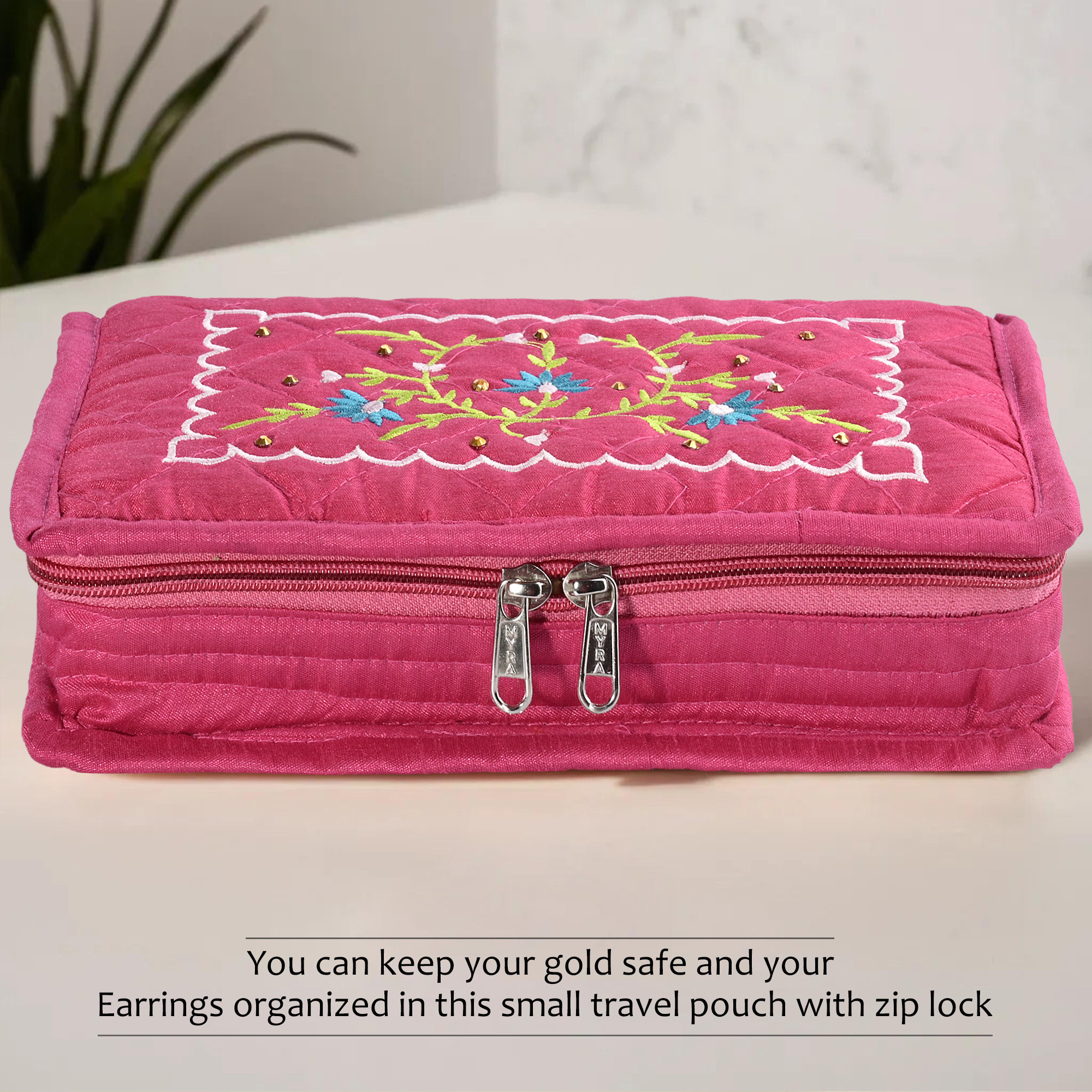 Kuber Industries Embroidery Jewellery Box For Women - 7-Compartments Travel Pouch with Zip Lock For Gold Storage  Earrings Organizing- Dark Pink