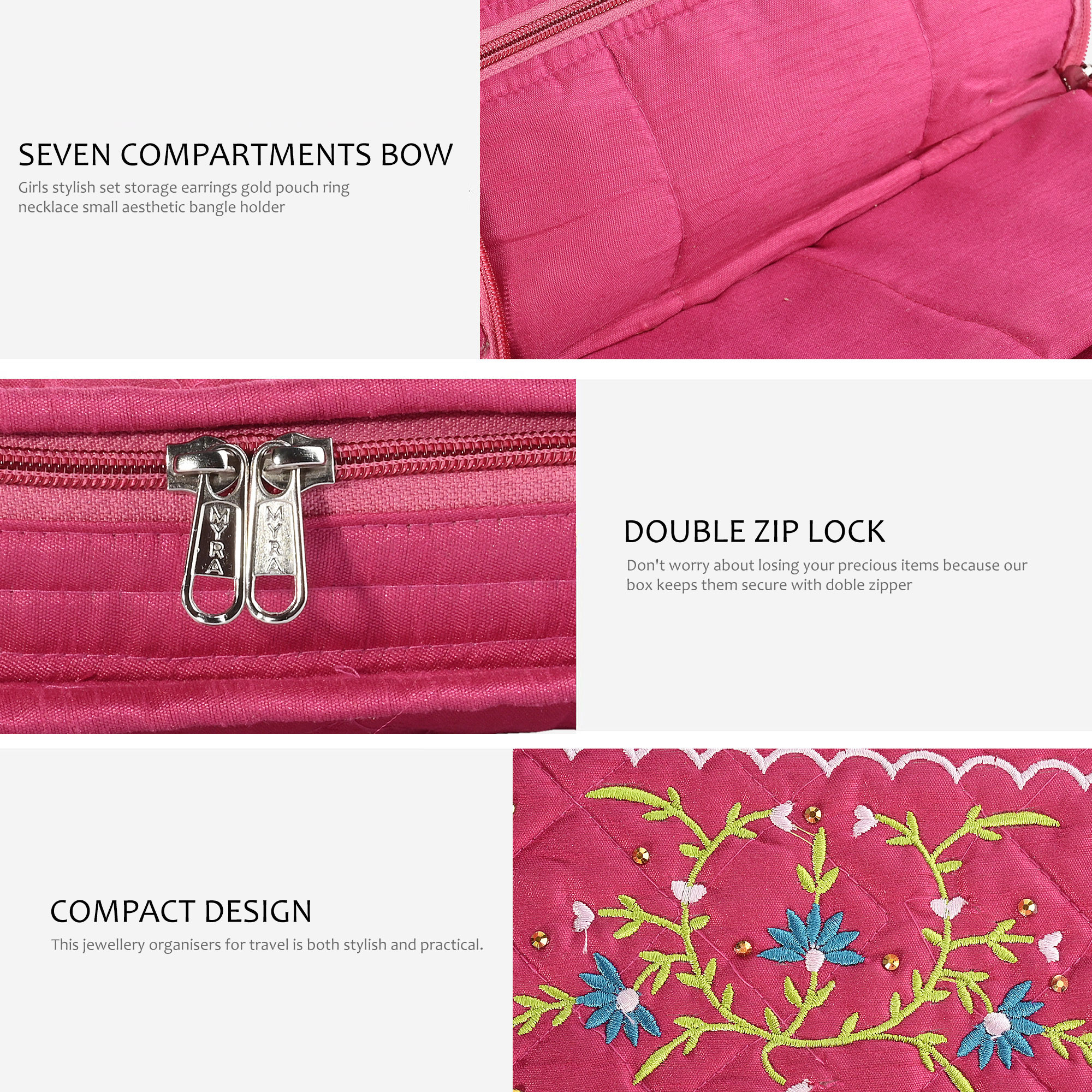 Kuber Industries Embroidery Jewellery Box For Women - 7-Compartments Travel Pouch with Zip Lock For Gold Storage  Earrings Organizing- Dark Pink