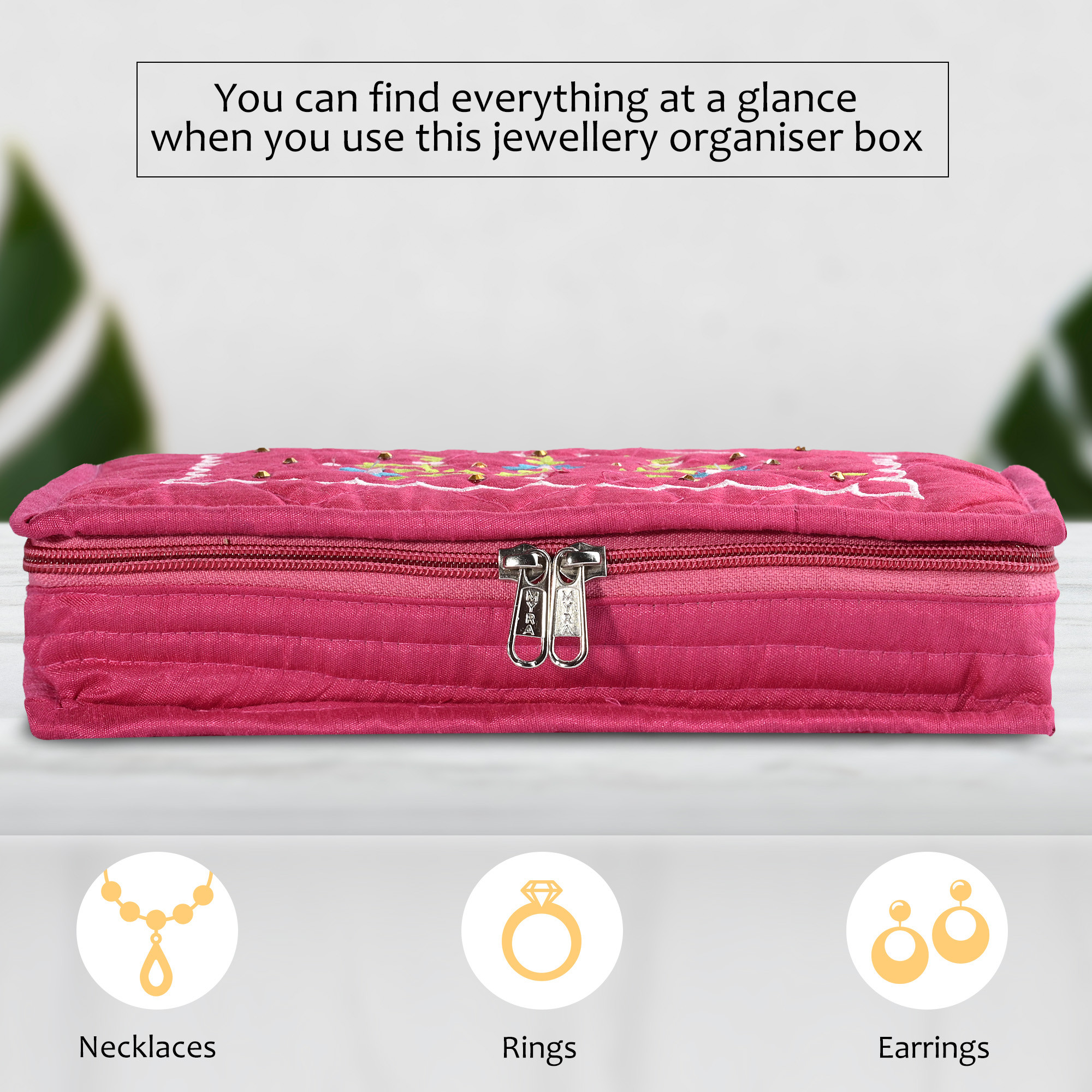 Kuber Industries Embroidery Jewellery Box For Women - 7-Compartments Travel Pouch with Zip Lock For Gold Storage  Earrings Organizing- Dark Pink