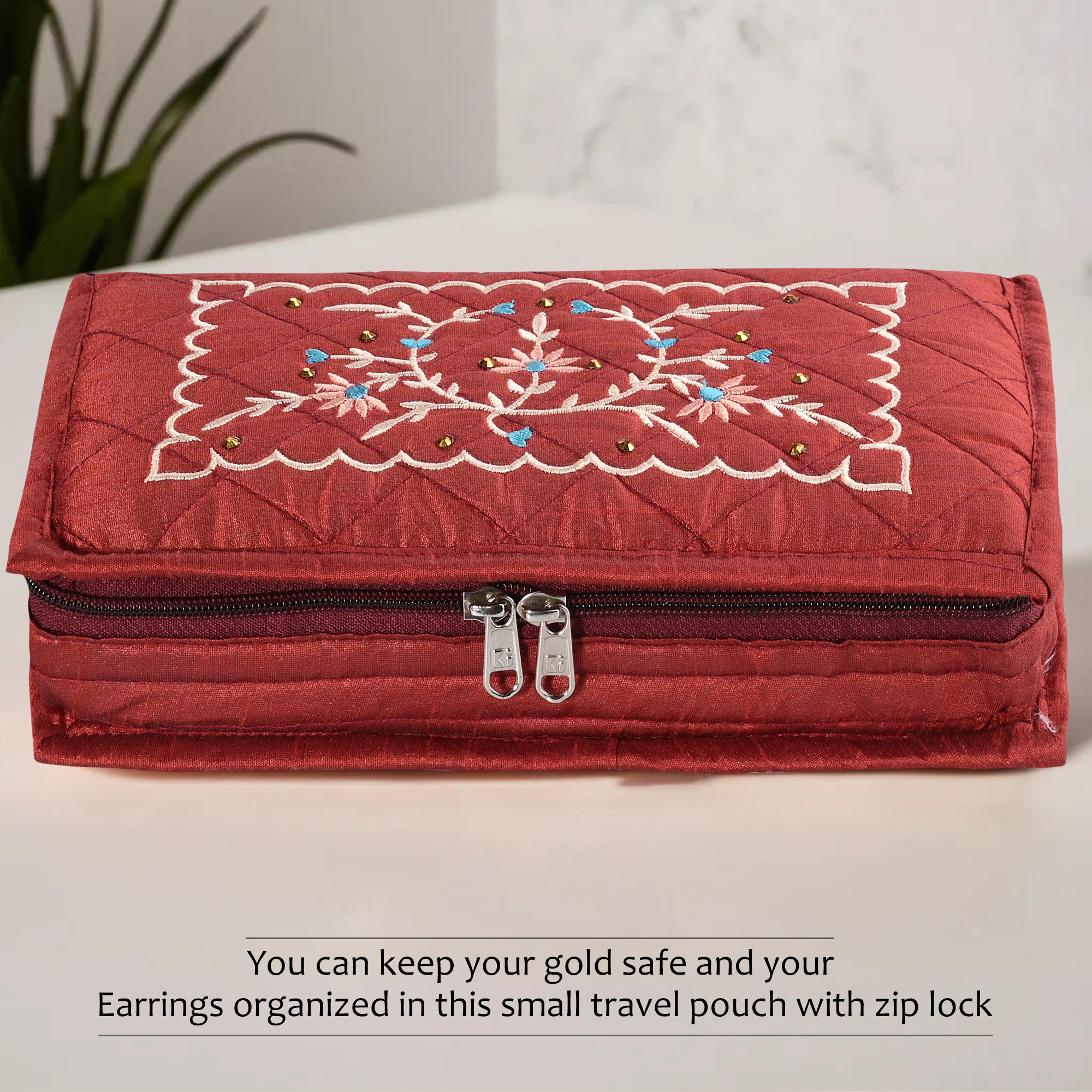 Kuber Industries Embroidery Jewellery Box For Women - 7-Compartments Travel Pouch with Zip Lock For Gold Storage  Earrings Organizing- Maroon