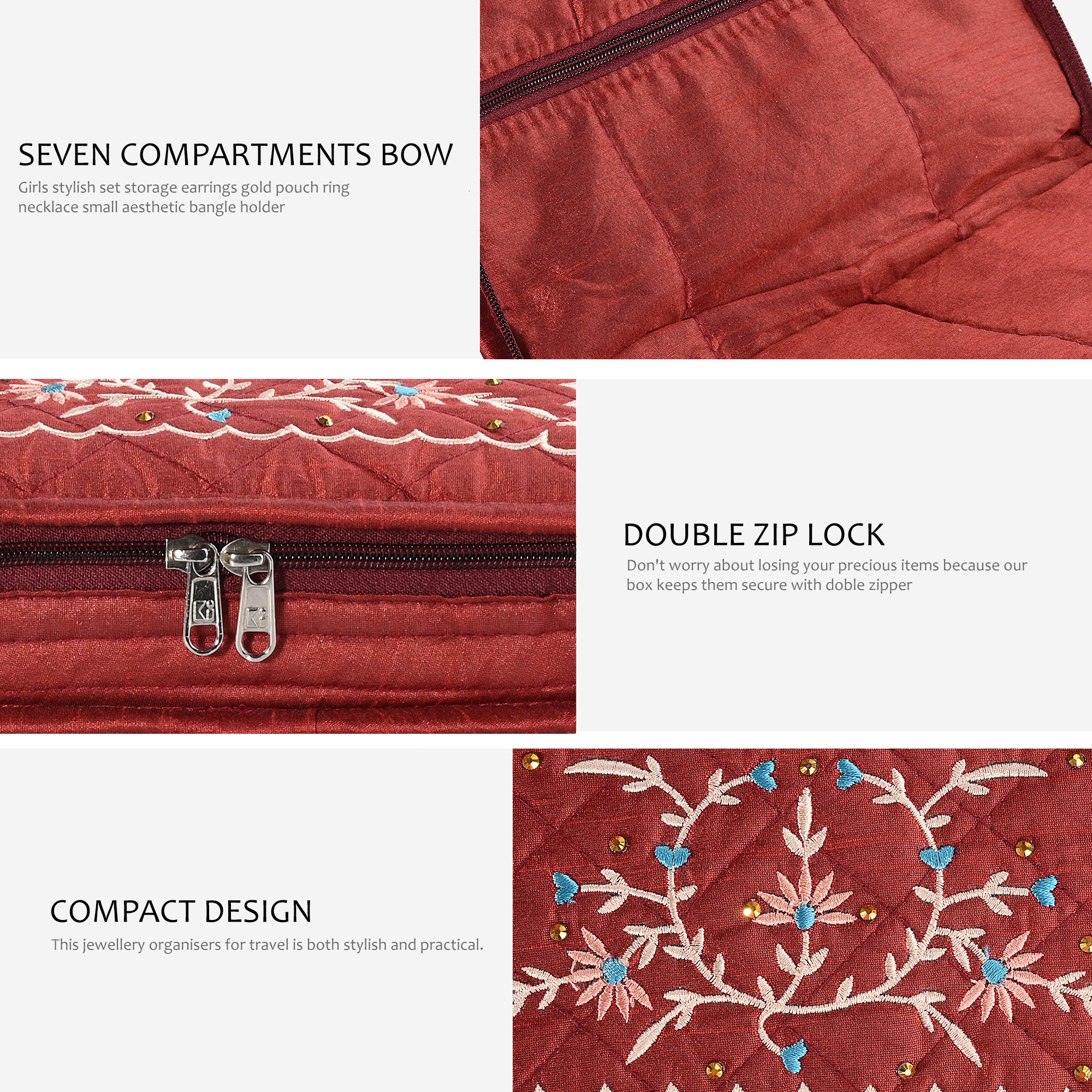 Kuber Industries Embroidery Jewellery Box For Women - 7-Compartments Travel Pouch with Zip Lock For Gold Storage  Earrings Organizing- Maroon