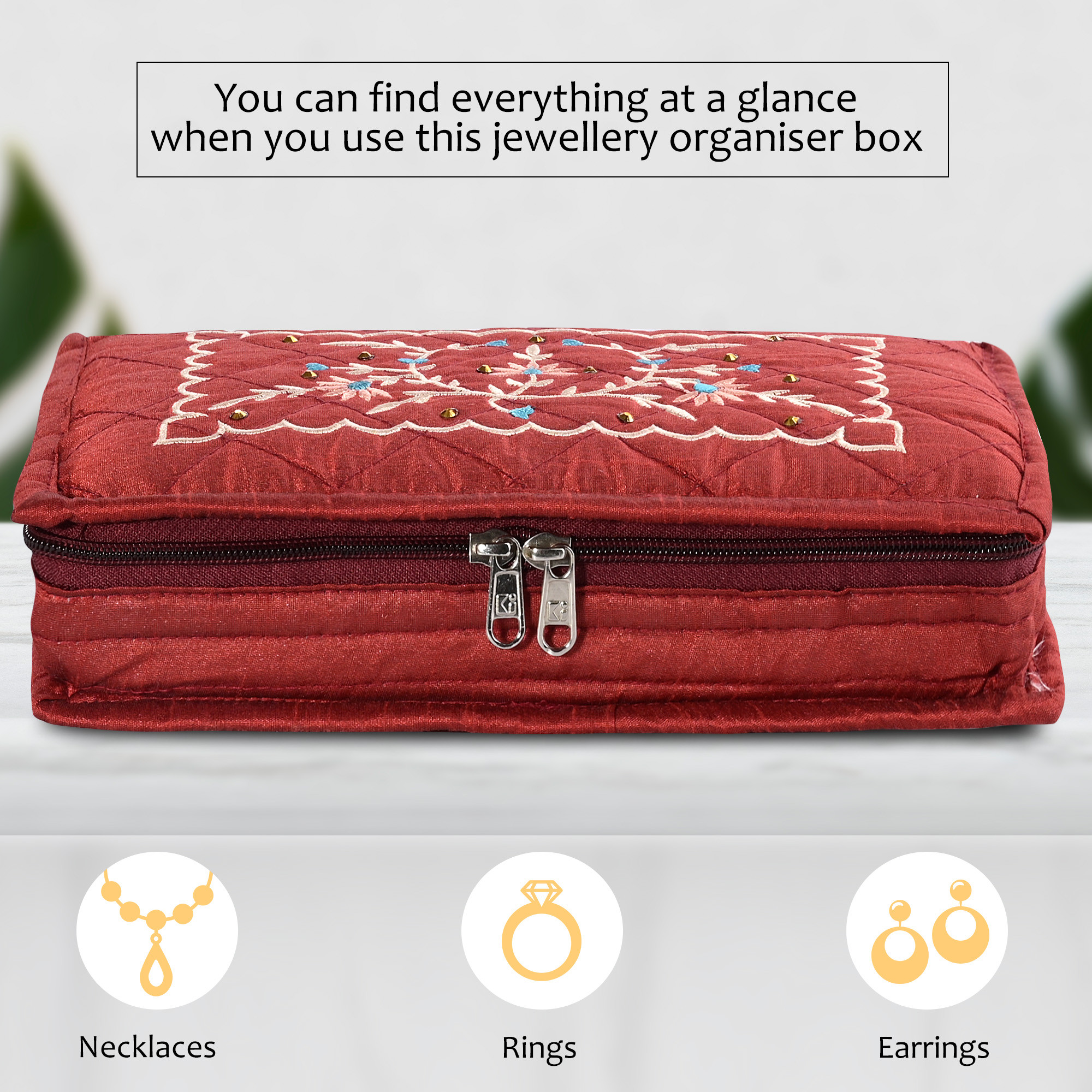 Kuber Industries Embroidery Jewellery Box For Women - 7-Compartments Travel Pouch with Zip Lock For Gold Storage  Earrings Organizing- Maroon