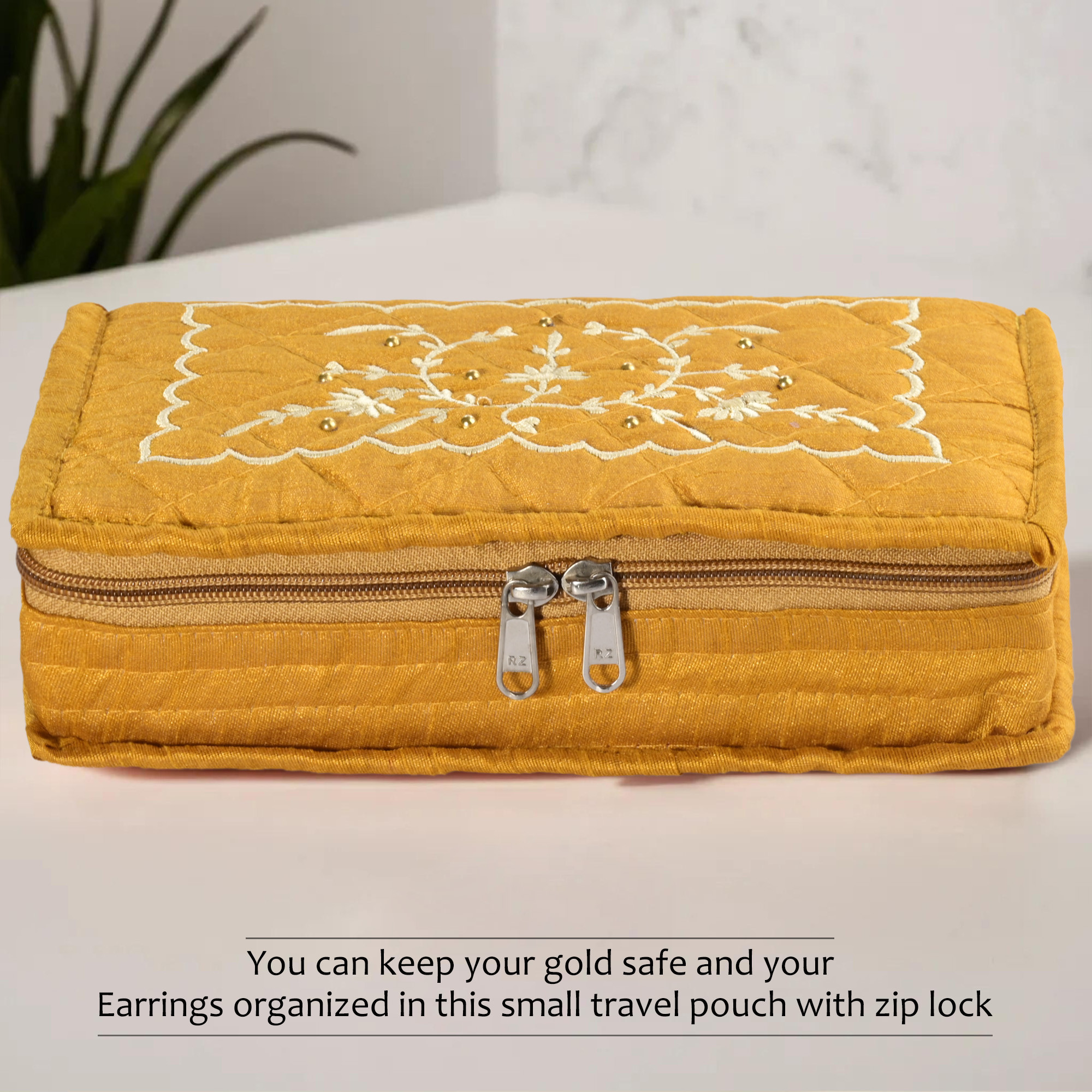 Kuber Industries Embroidery Jewellery Box For Women - 7-Compartments Travel Pouch with Zip Lock For Gold Storage  Earrings Organizing- Yellow