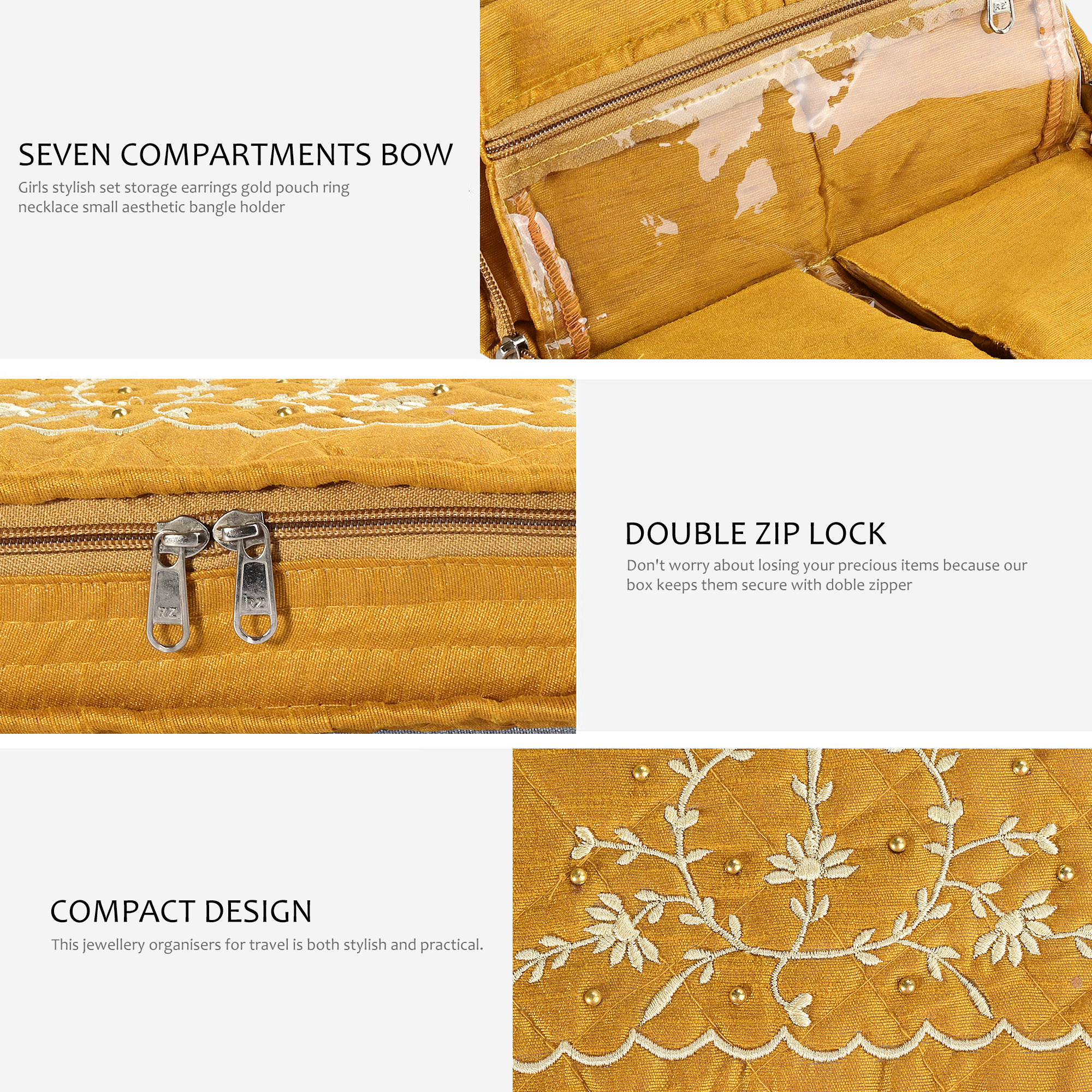 Kuber Industries Embroidery Jewellery Box For Women - 7-Compartments Travel Pouch with Zip Lock For Gold Storage  Earrings Organizing- Yellow