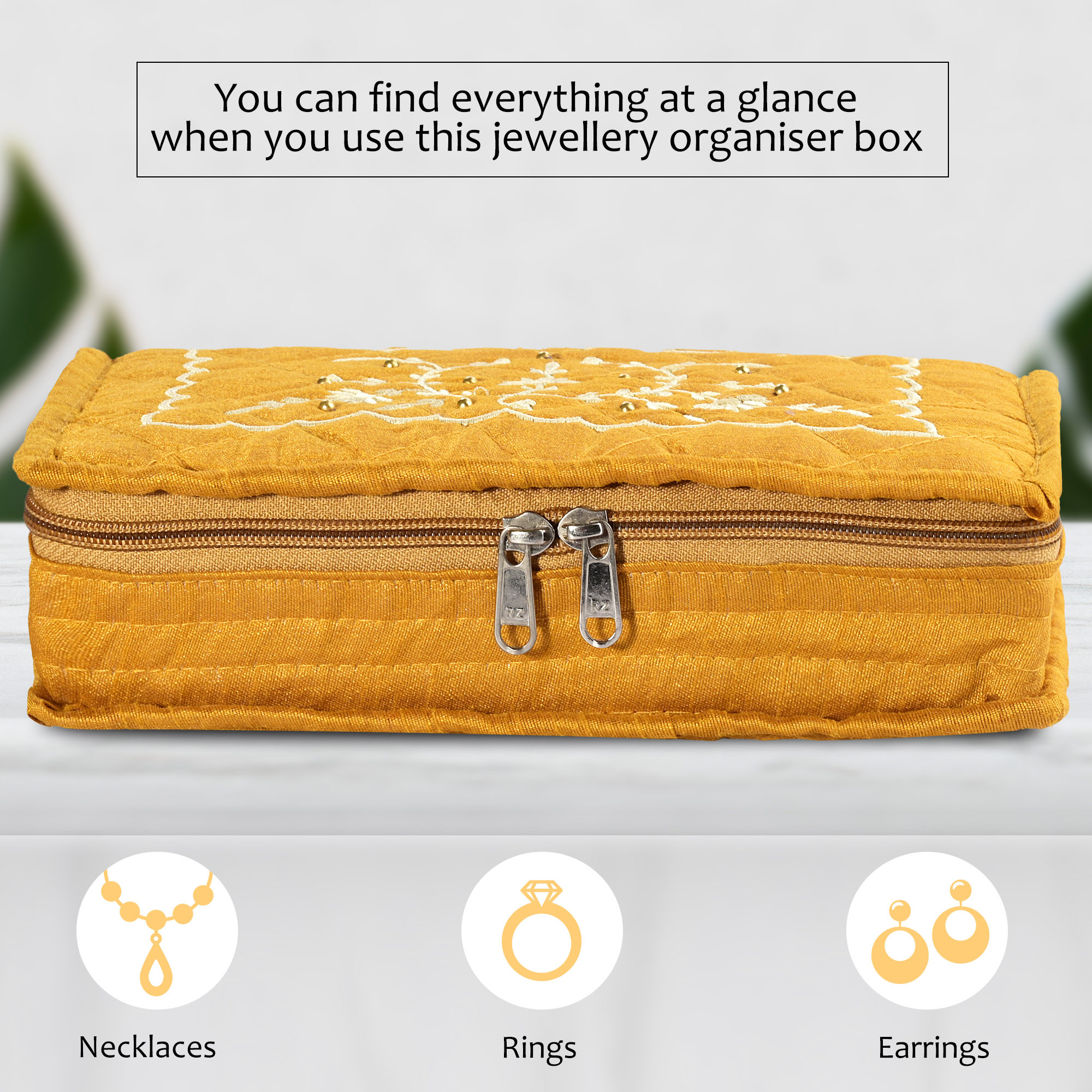 Kuber Industries Embroidery Jewellery Box For Women - 7-Compartments Travel Pouch with Zip Lock For Gold Storage  Earrings Organizing- Yellow