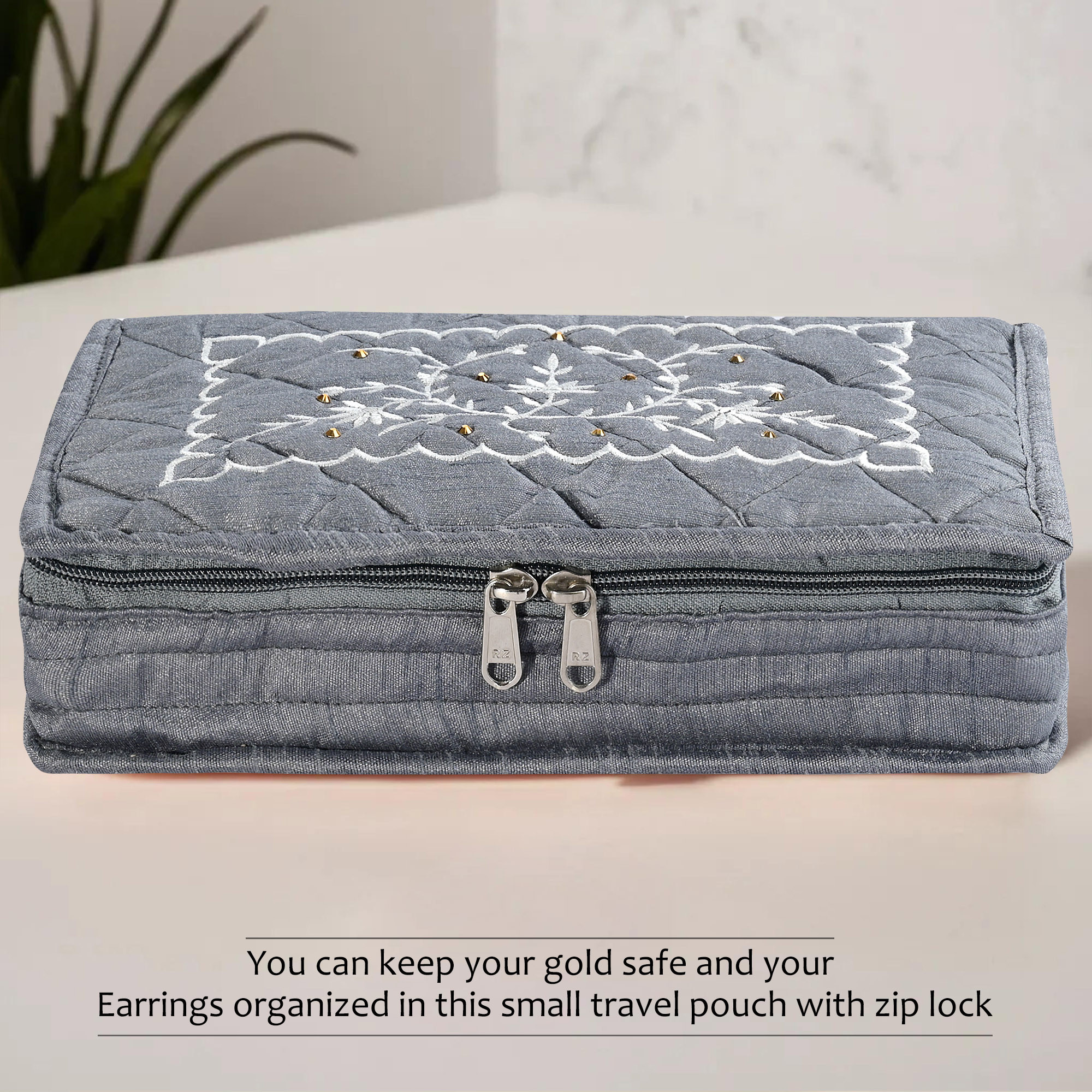 Kuber Industries Embroidery Jewellery Box For Women - 7-Compartments Travel Pouch with Zip Lock For Gold Storage  Earrings Organizing- Grey
