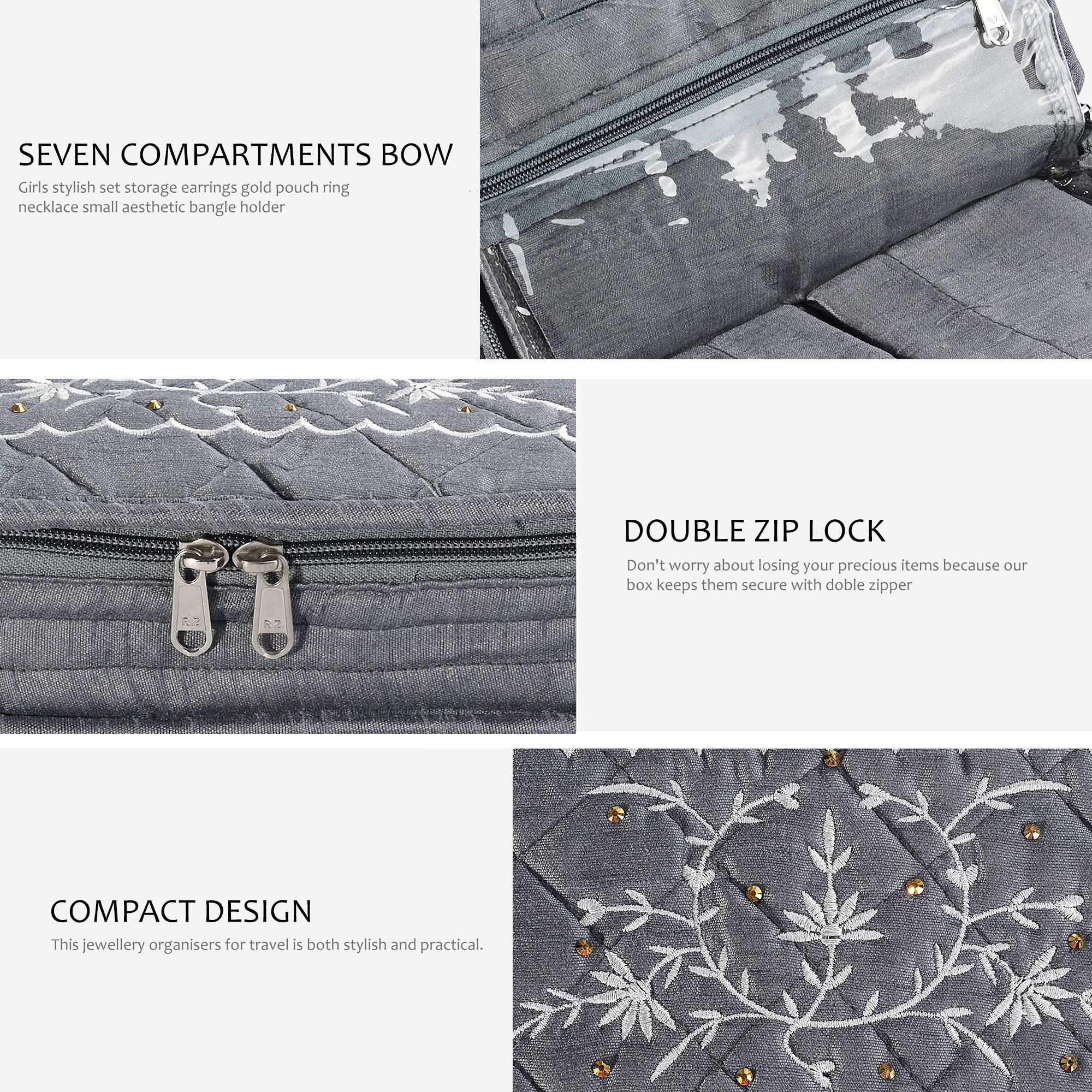 Kuber Industries Embroidery Jewellery Box For Women - 7-Compartments Travel Pouch with Zip Lock For Gold Storage  Earrings Organizing- Grey