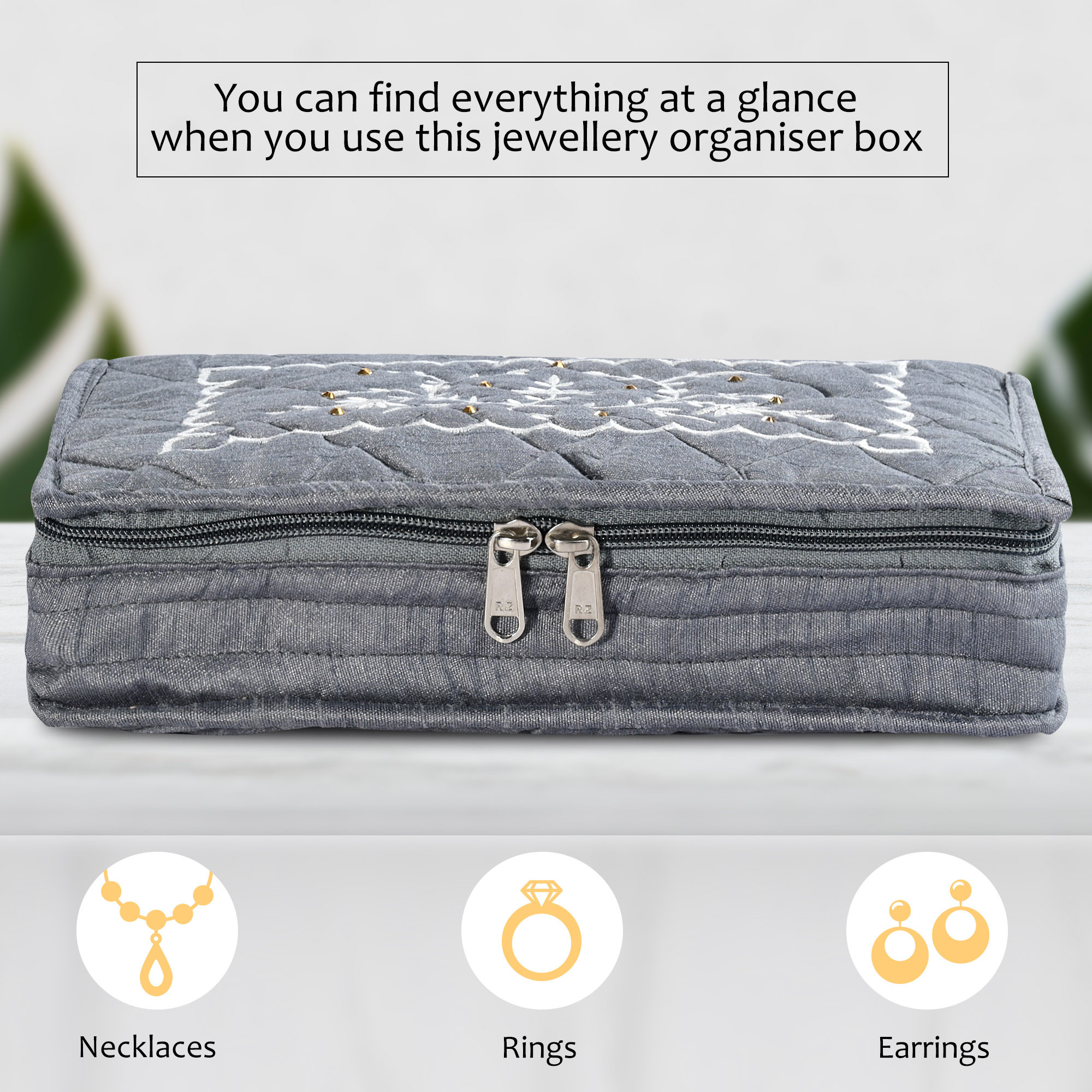 Kuber Industries Embroidery Jewellery Box For Women - 7-Compartments Travel Pouch with Zip Lock For Gold Storage  Earrings Organizing- Grey