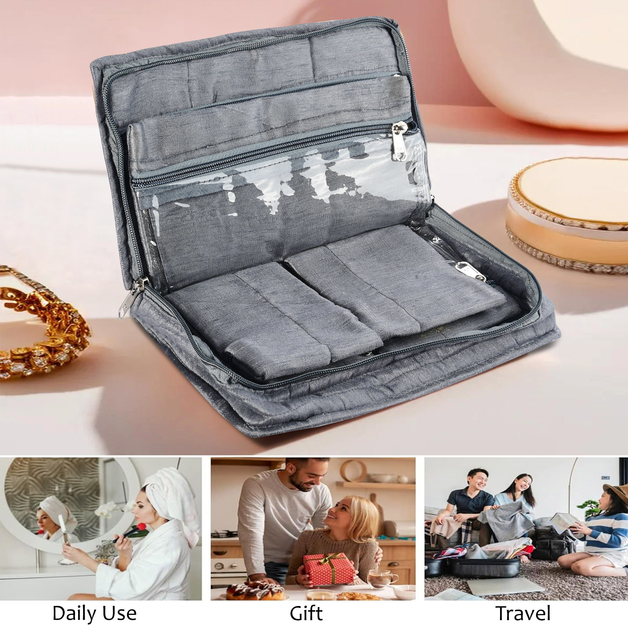 Kuber Industries Embroidery Jewellery Box For Women - 7-Compartments Travel Pouch with Zip Lock For Gold Storage  Earrings Organizing- Grey