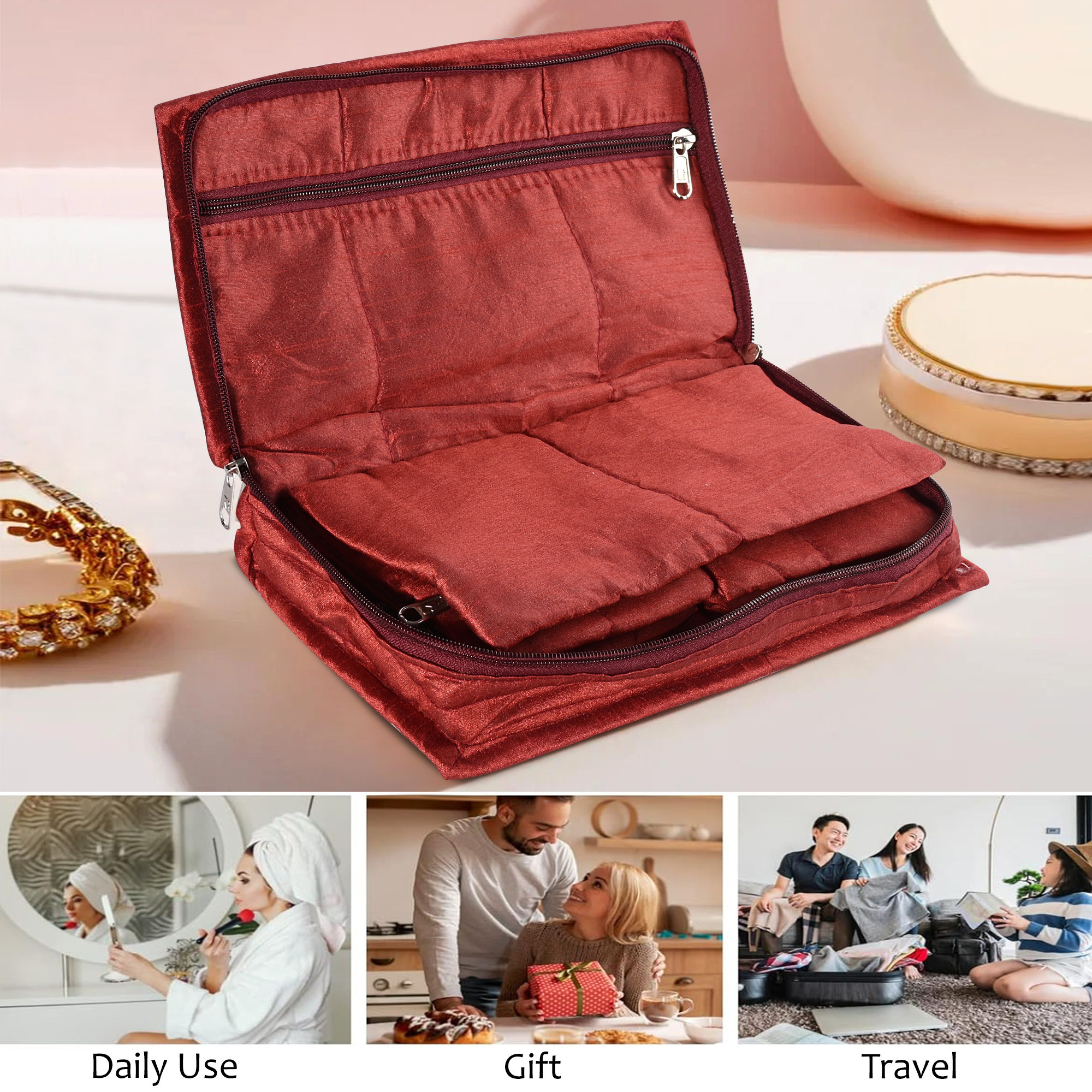 Kuber Industries Embroidery Jewellery Box For Women - 7-Compartments Travel Pouch with Zip Lock For Gold Storage  Earrings Organizing- Maroon