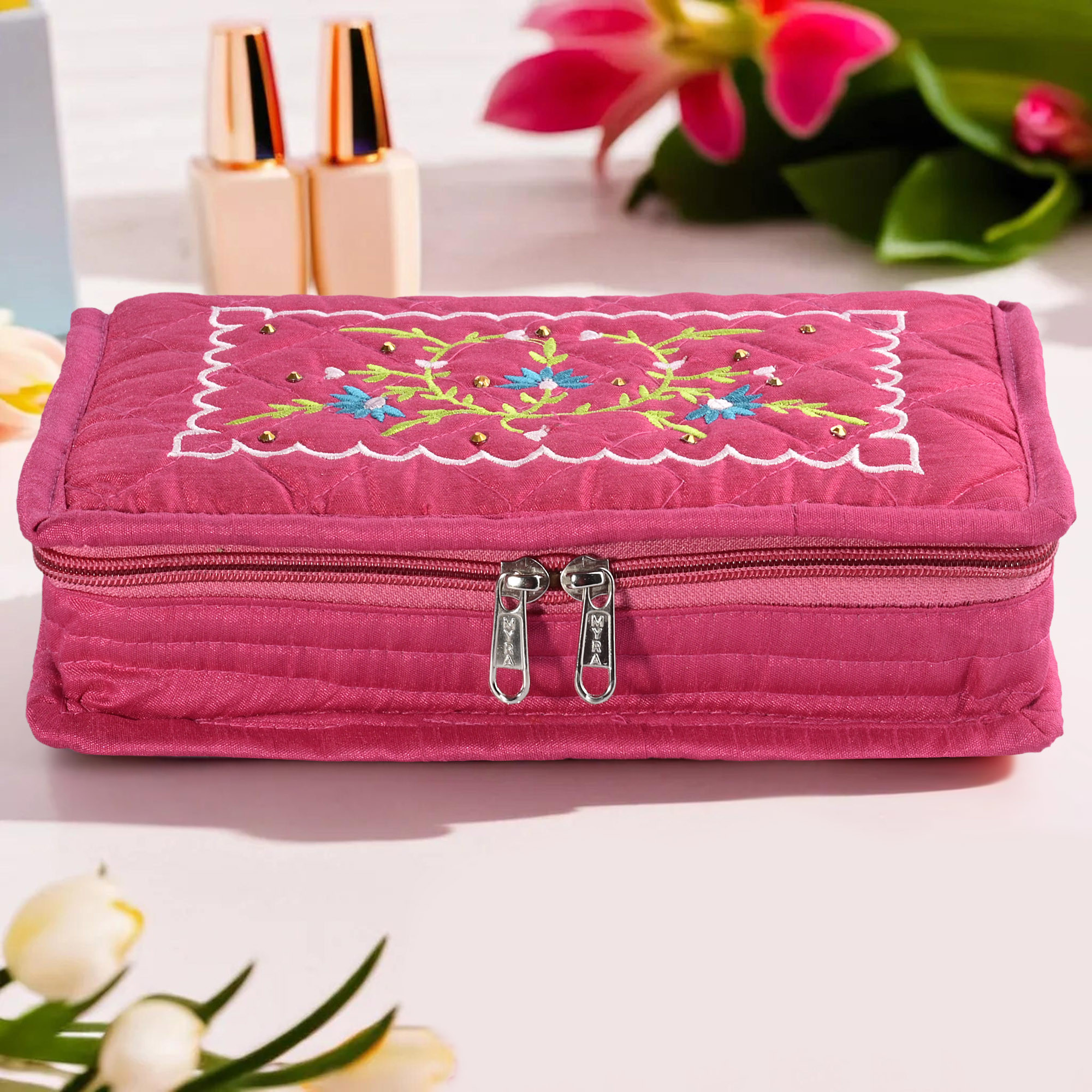 Kuber Industries Embroidery Jewellery Box For Women 7-Compartments Travel Pouch with Zip Lock For Gold Storage Earrings Organizing- Dark Pink