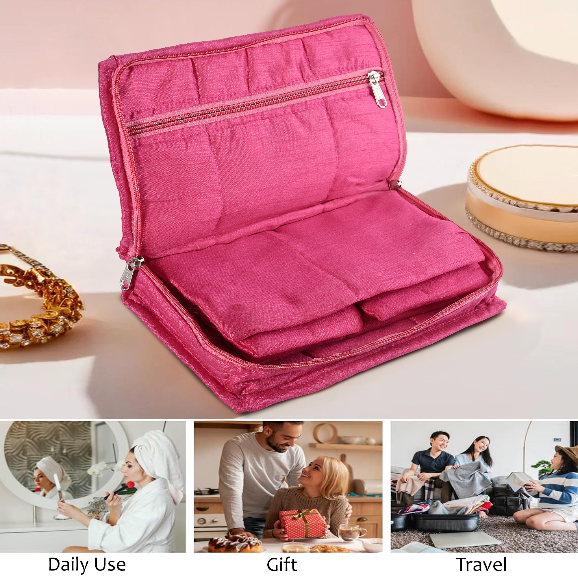 Kuber Industries Embroidery Jewellery Box For Women - 7-Compartments Travel Pouch with Zip Lock For Gold Storage  Earrings Organizing- Dark Pink