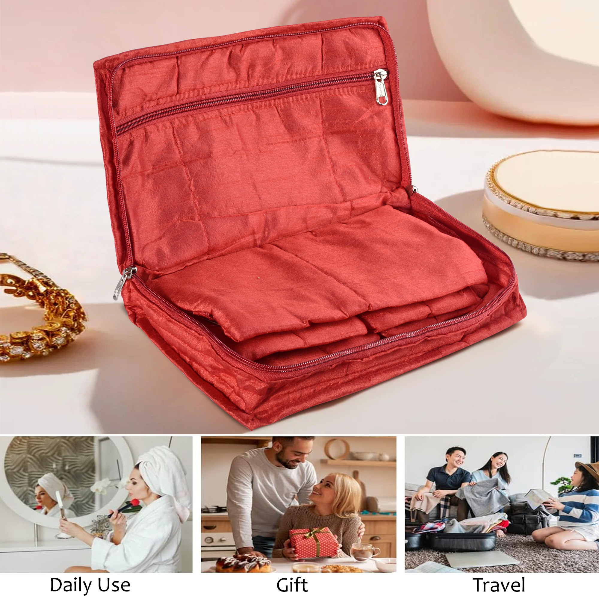 Kuber Industries Embroidery Jewellery Box For Women - 7-Compartments Travel Pouch with Zip Lock For Gold Storage  Earrings Organizing- Red