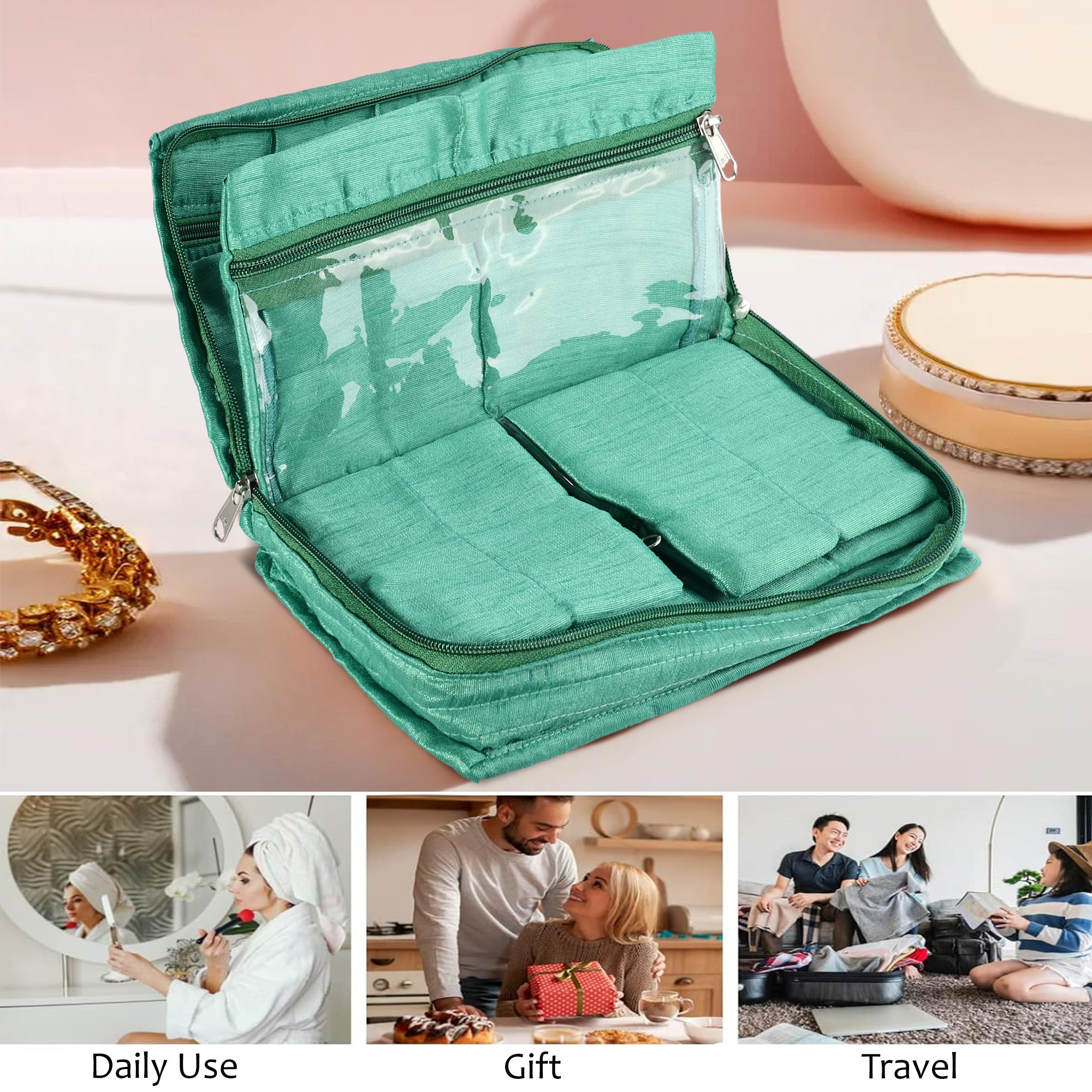 Kuber Industries Embroidery Jewellery Box For Women - 7-Compartments Travel Pouch with Zip Lock For Gold Storage  Earrings Organizing- Green