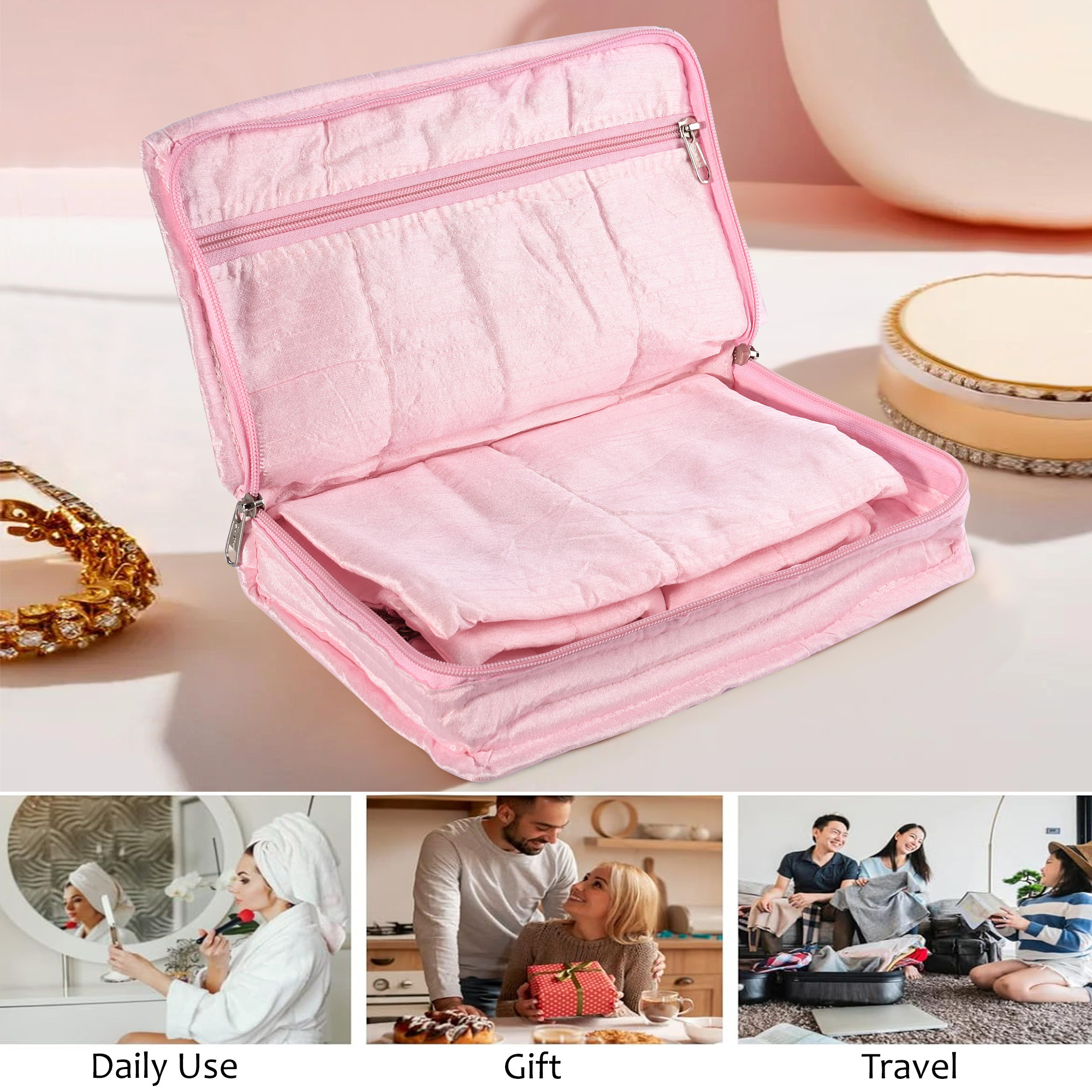 Kuber Industries Embroidery Jewellery Box For Women - 7-Compartments Travel Pouch with Zip Lock For Gold Storage  Earrings Organizing- Light Pink