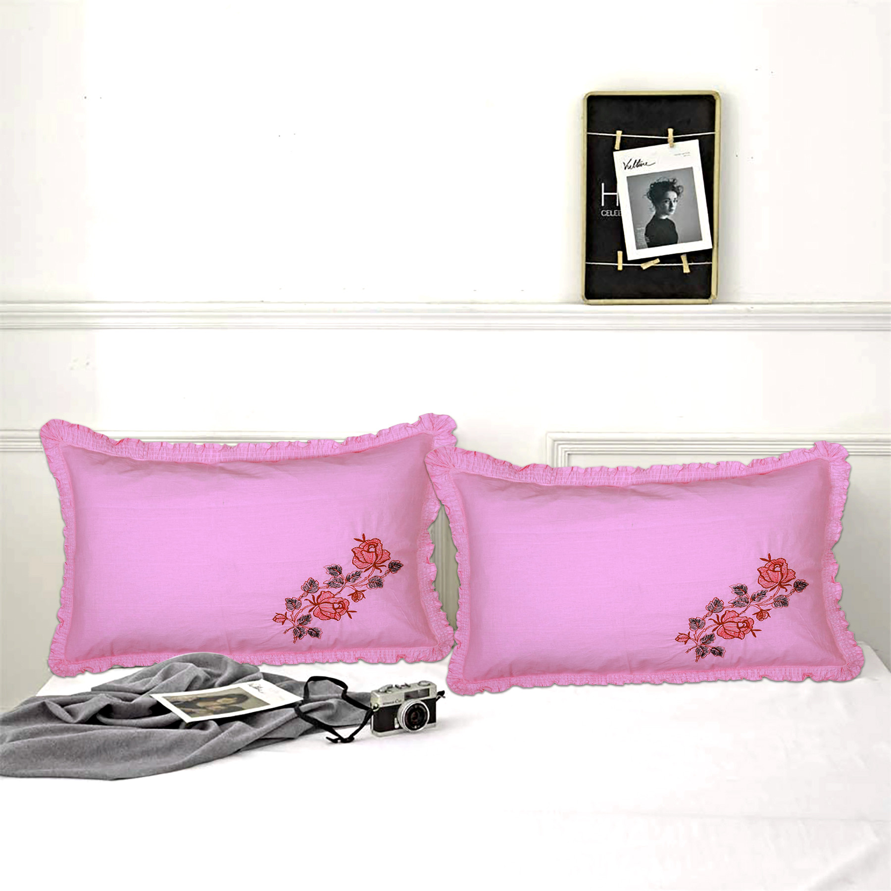 Kuber Industries Embroidery Pattern Breathable & Soft Cotton Pillow Cover For Sofa, Couch, Bed, (Pink) 54KM4119
