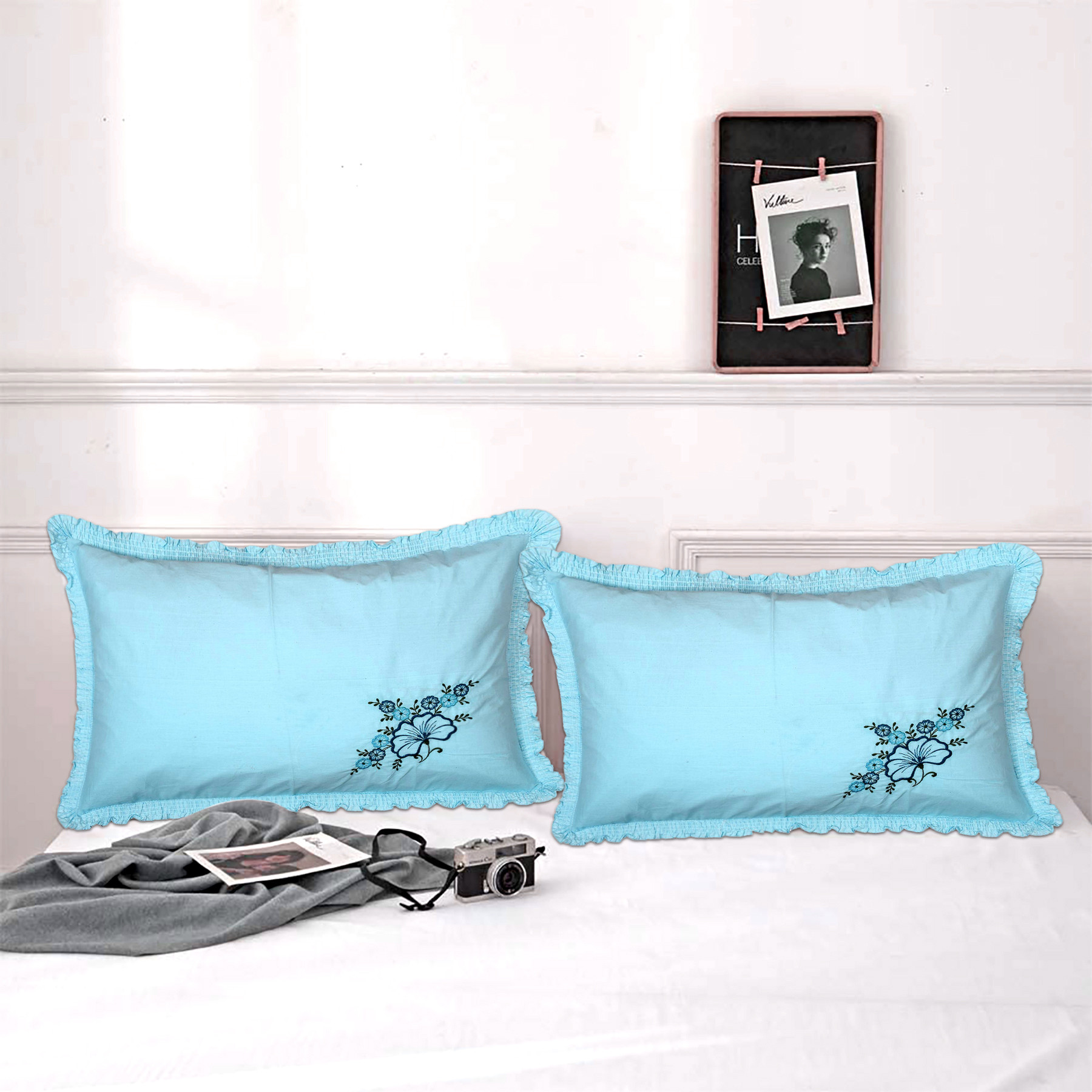 Kuber Industries Embroidery Pattern Breathable & Soft Cotton Pillow Cover For Sofa, Couch, Bed,(Blue) 54KM4110