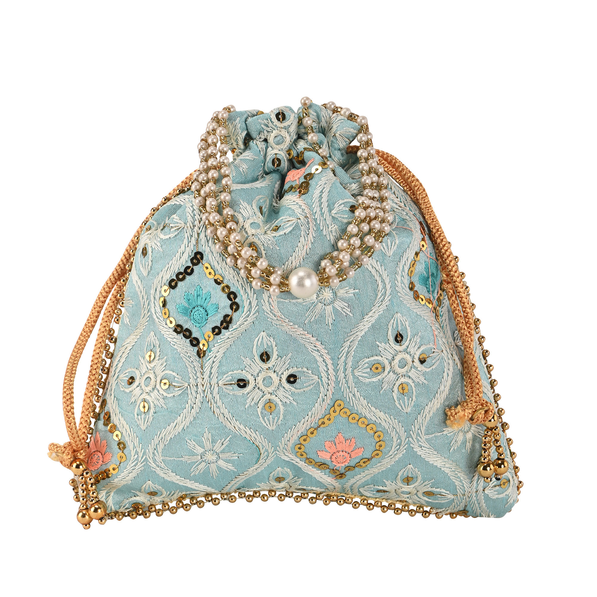 Kuber Industries Embroidery Potli Bags for Women with Pearl Handle  Drawstring  Indian Ethnic Potli Bags for Ladies for Wedding  Wrist Handbag Purse Batwa  Lakhnavi Print - Sky Blue