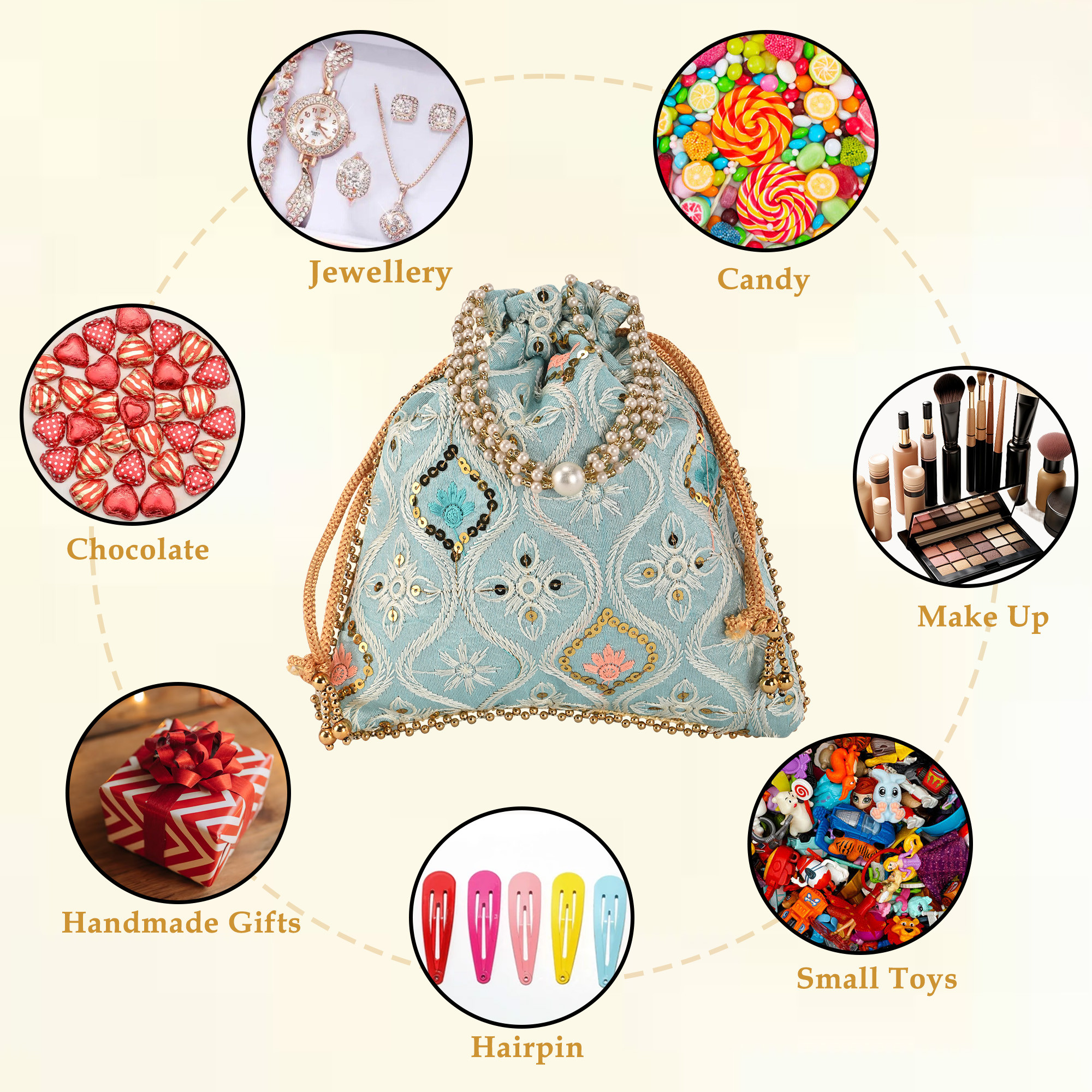 Kuber Industries Embroidery Potli Bags for Women with Pearl Handle  Drawstring  Indian Ethnic Potli Bags for Ladies for Wedding  Wrist Handbag Purse Batwa  Lakhnavi Print - Sky Blue