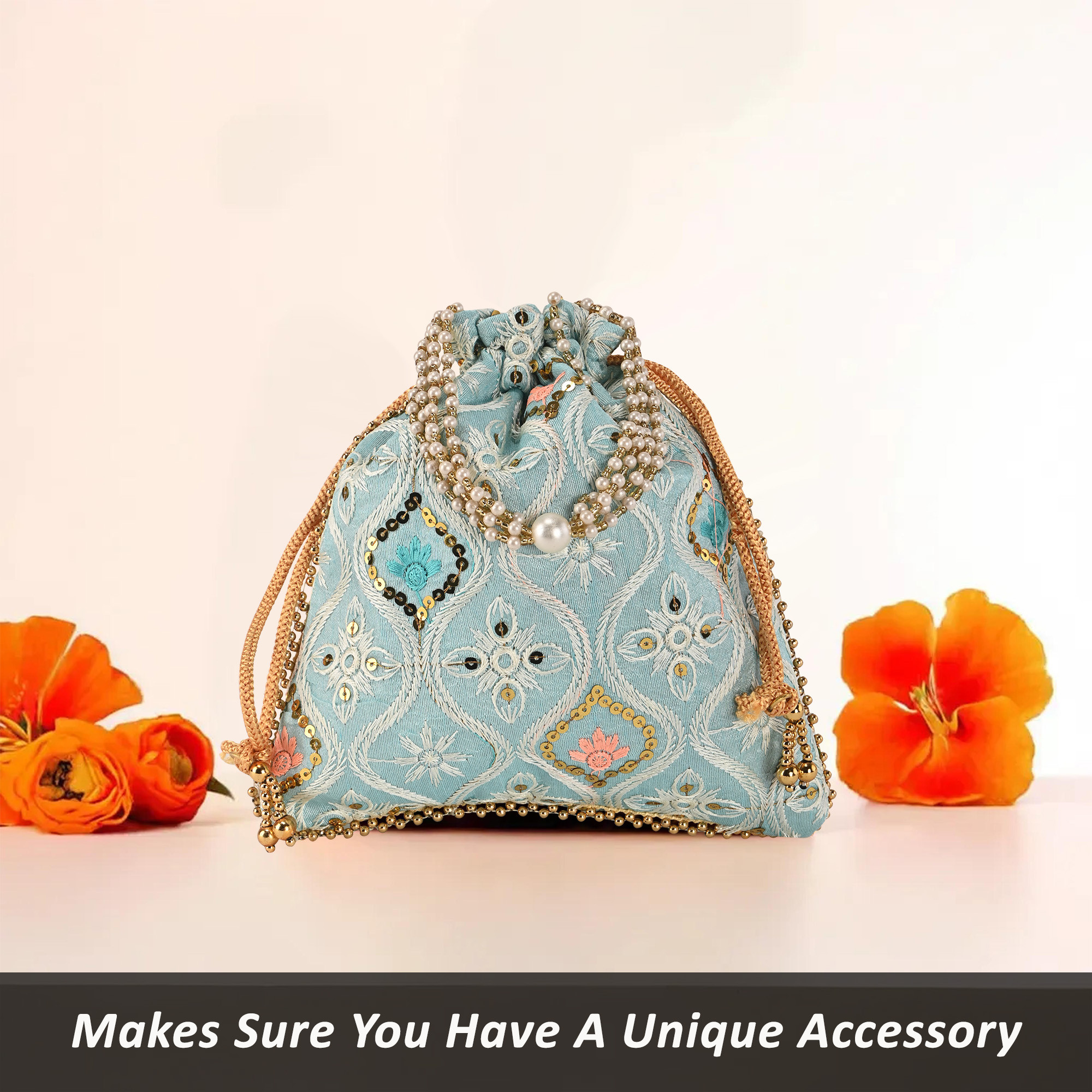 Kuber Industries Embroidery Potli Bags for Women with Pearl Handle  Drawstring  Indian Ethnic Potli Bags for Ladies for Wedding  Wrist Handbag Purse Batwa  Lakhnavi Print - Sky Blue