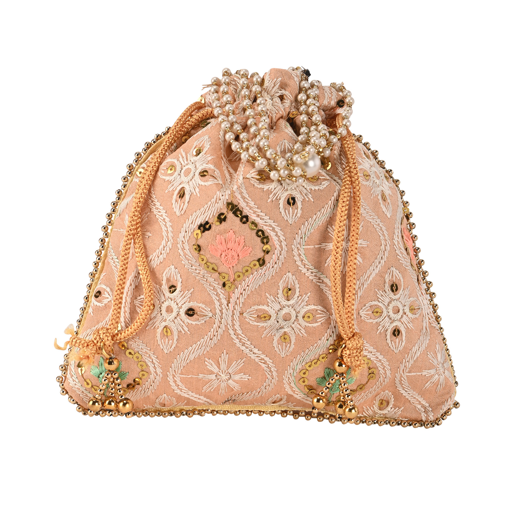Kuber Industries Embroidery Potli Bags for Women with Pearl Handle  Drawstring  Indian Ethnic Potli Bags for Ladies for Wedding  Wrist Handbag Purse Batwa  Lakhnavi Print - Peach