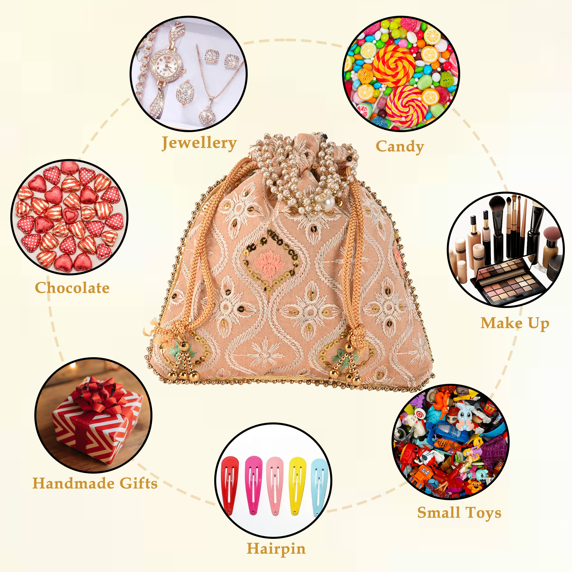 Kuber Industries Embroidery Potli Bags for Women with Pearl Handle  Drawstring  Indian Ethnic Potli Bags for Ladies for Wedding  Wrist Handbag Purse Batwa  Lakhnavi Print - Peach
