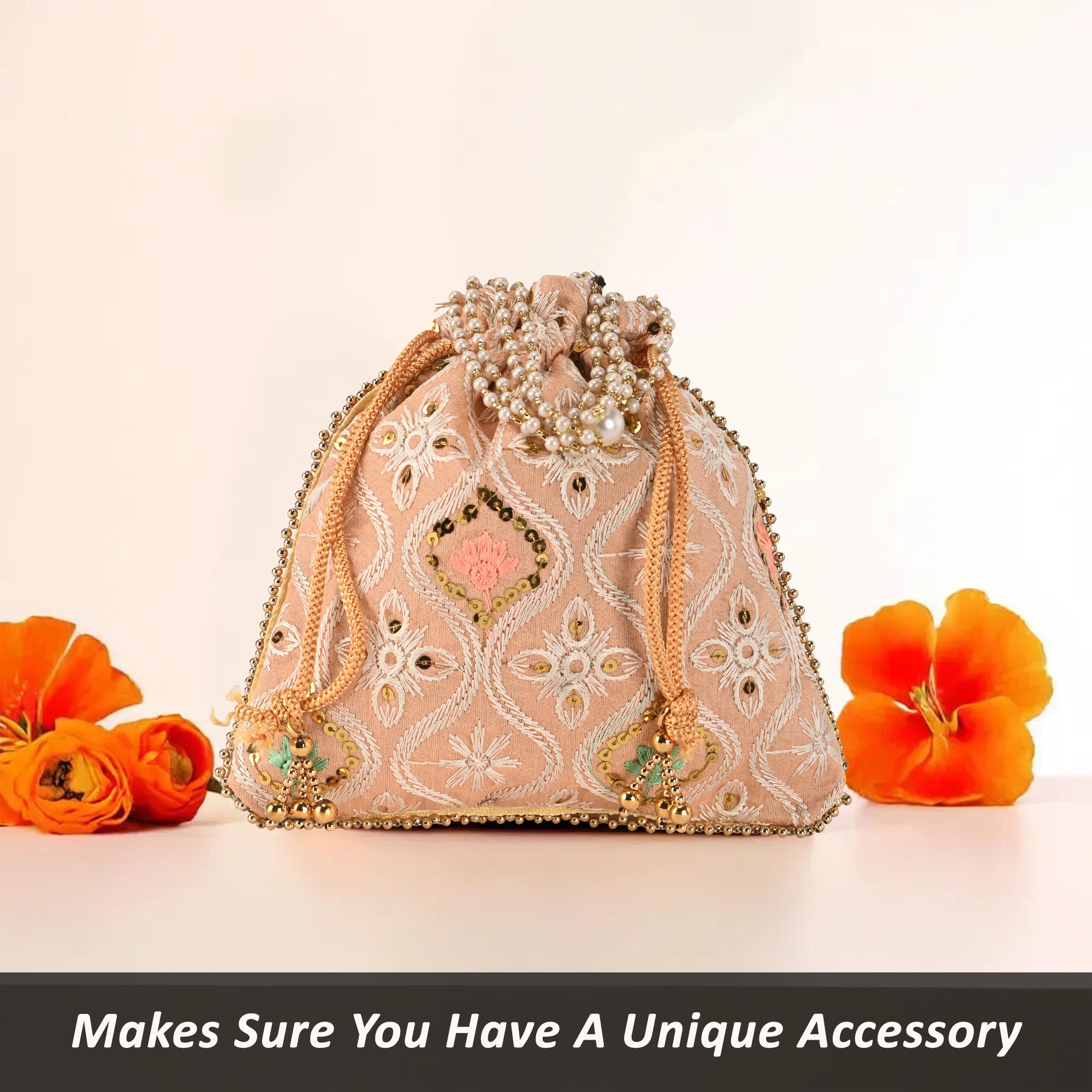 Kuber Industries Embroidery Potli Bags for Women with Pearl Handle  Drawstring  Indian Ethnic Potli Bags for Ladies for Wedding  Wrist Handbag Purse Batwa  Lakhnavi Print - Peach