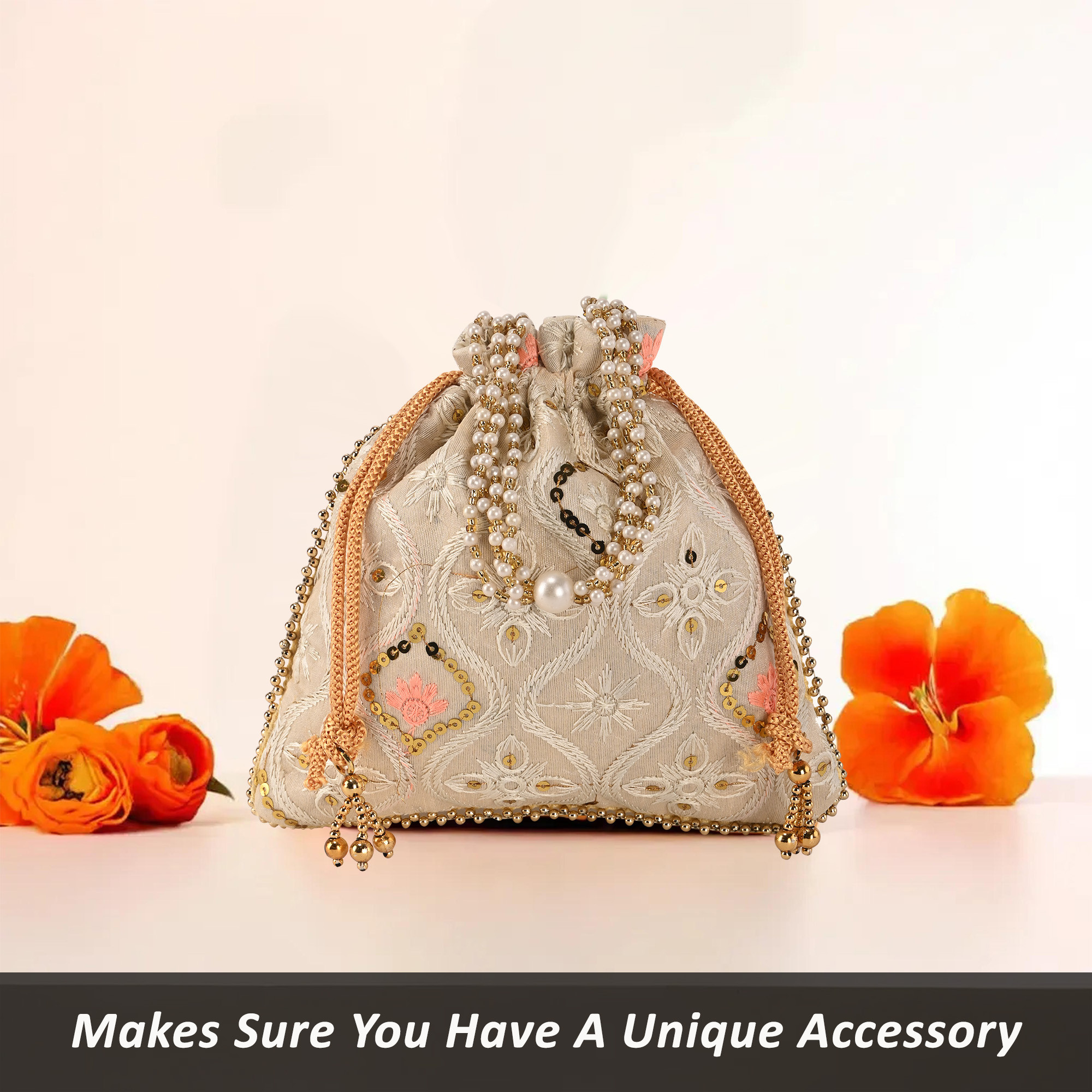 Kuber Industries Embroidery Potli Bags for Women with Pearl Handle  Drawstring  Indian Ethnic Potli Bags for Ladies for Wedding  Wrist Handbag Purse Batwa  Lakhnavi Print - Cream