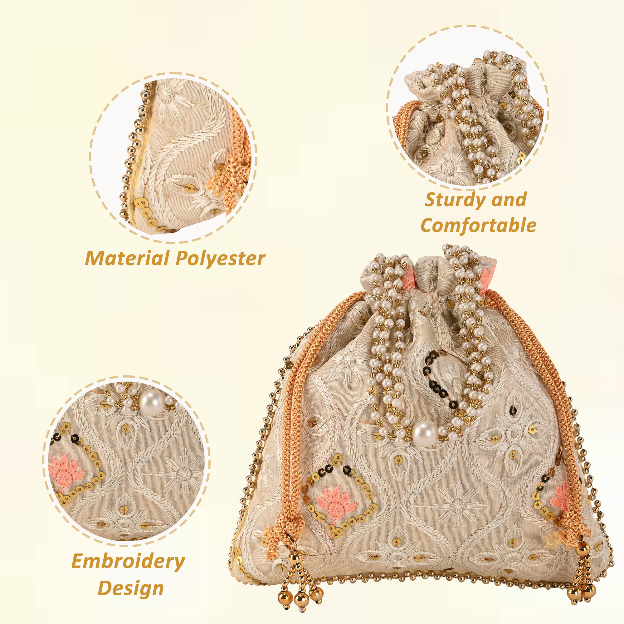 Kuber Industries Embroidery Potli Bags for Women with Pearl Handle  Drawstring  Indian Ethnic Potli Bags for Ladies for Wedding  Wrist Handbag Purse Batwa  Lakhnavi Print - Cream