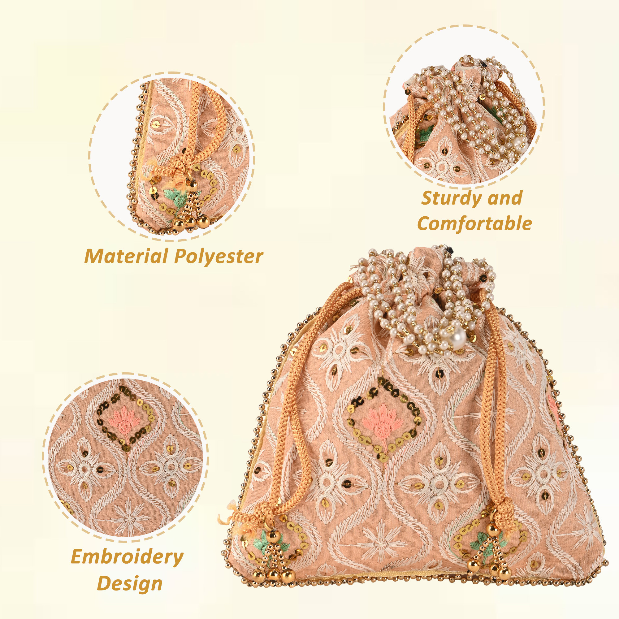 Kuber Industries Embroidery Potli Bags for Women with Pearl Handle  Drawstring  Indian Ethnic Potli Bags for Ladies for Wedding  Wrist Handbag Purse Batwa  Lakhnavi Print - Peach