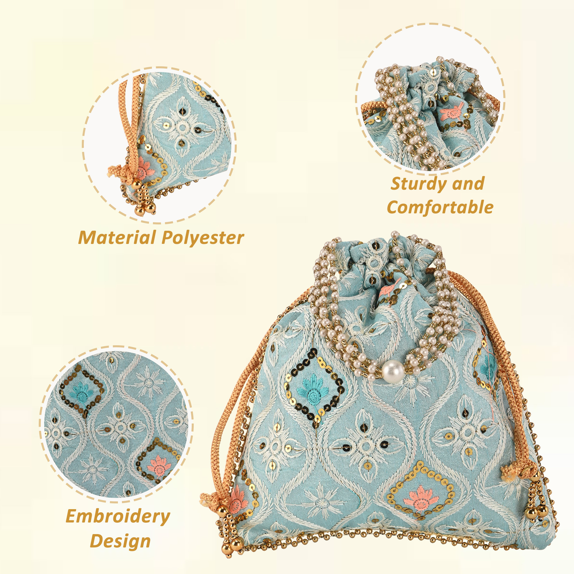 Kuber Industries Embroidery Potli Bags for Women with Pearl Handle  Drawstring  Indian Ethnic Potli Bags for Ladies for Wedding  Wrist Handbag Purse Batwa  Lakhnavi Print - Sky Blue
