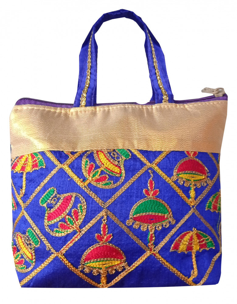 Kuber Industries Embroidery Small Hand Bag, Tote Bag, Purse For Daily Trips, Travel, Office &amp; All Occasions For Women &amp; Girls (Blue)-HS_38_KUBMART21475