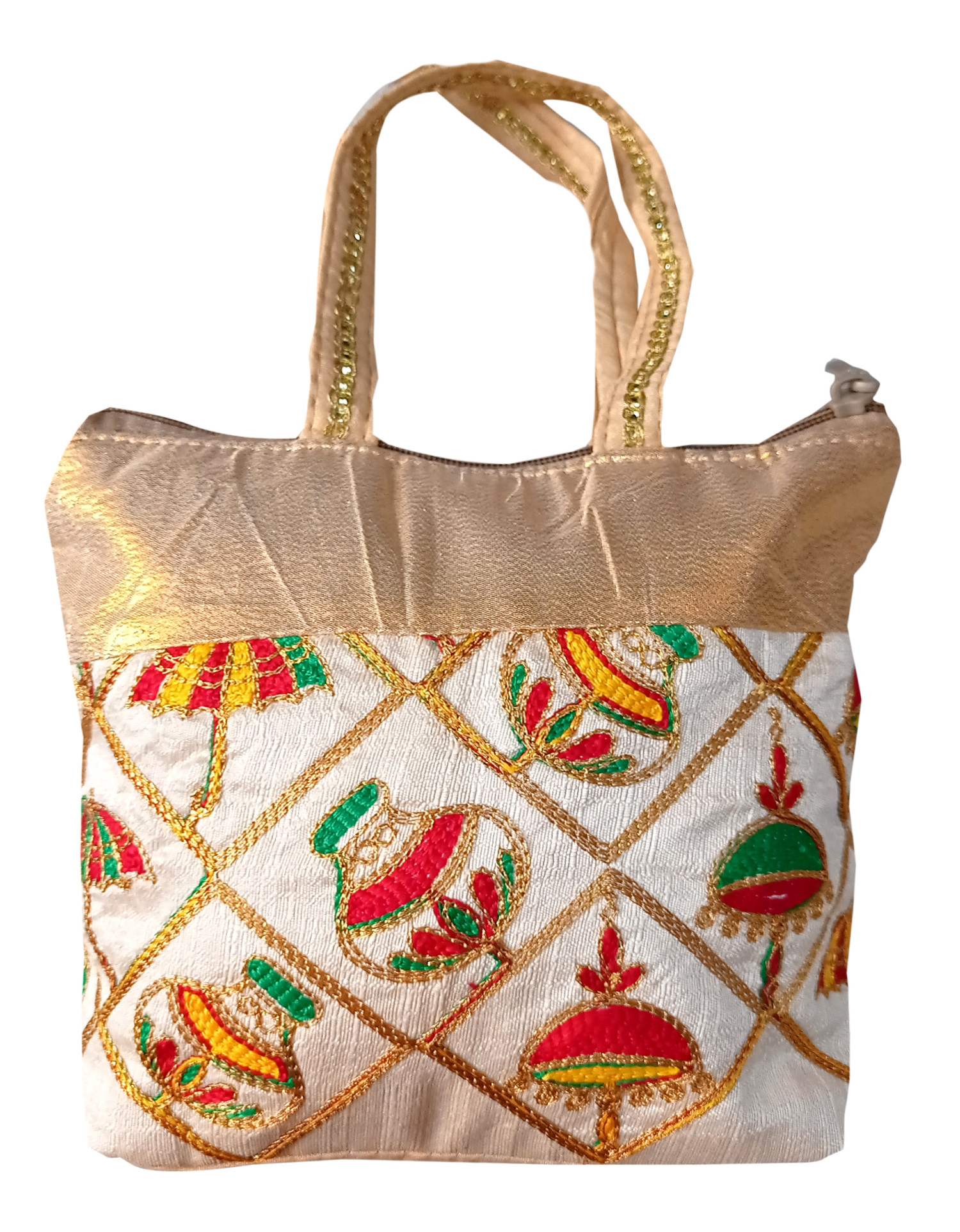 Kuber Industries Embroidery Small Hand Bag, Tote Bag, Purse For Daily Trips, Travel, Office & All Occasions For Women & Girls (Gold)-HS_38_KUBMART21477