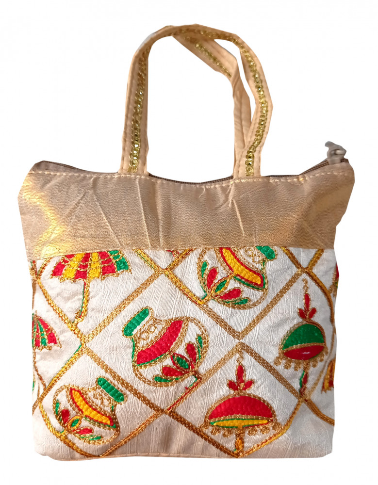 Kuber Industries Embroidery Small Hand Bag, Tote Bag, Purse For Daily Trips, Travel, Office &amp; All Occasions For Women &amp; Girls (Gold)-HS_38_KUBMART21477