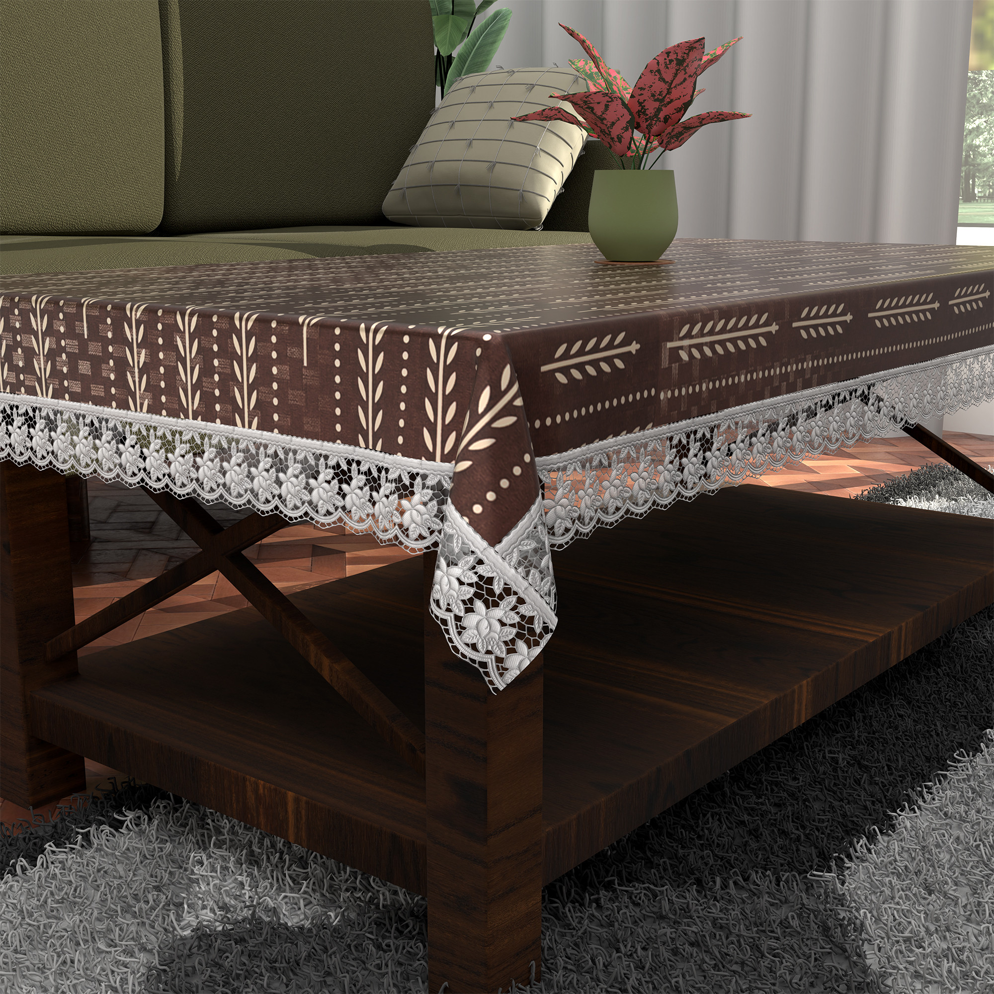 Kuber Industries es Durable  Wipeable  Dining Table Cover for Living Room  Anti Slip TeapoyComputer  Office Table ClothSheet  Lining Leaf - Cream  Brown