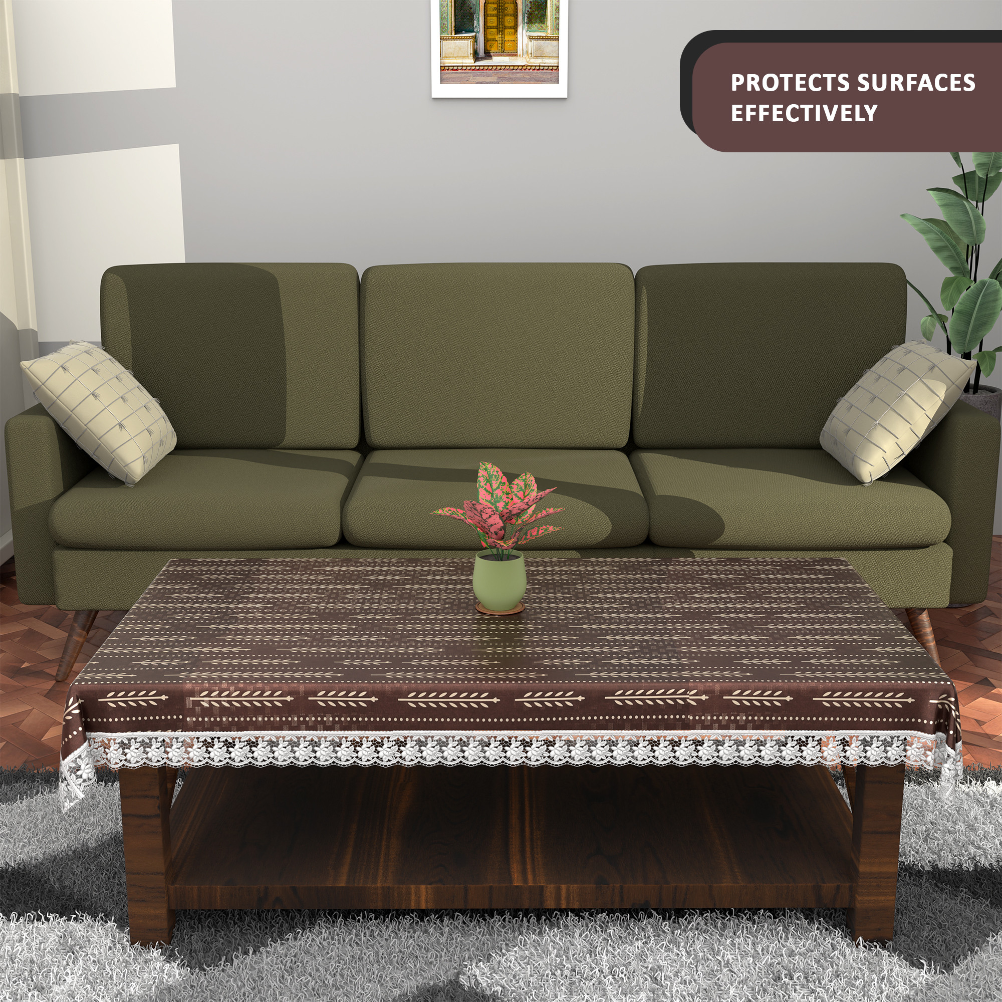 Kuber Industries es Durable  Wipeable  Dining Table Cover for Living Room  Anti Slip TeapoyComputer  Office Table ClothSheet  Lining Leaf - Cream  Brown