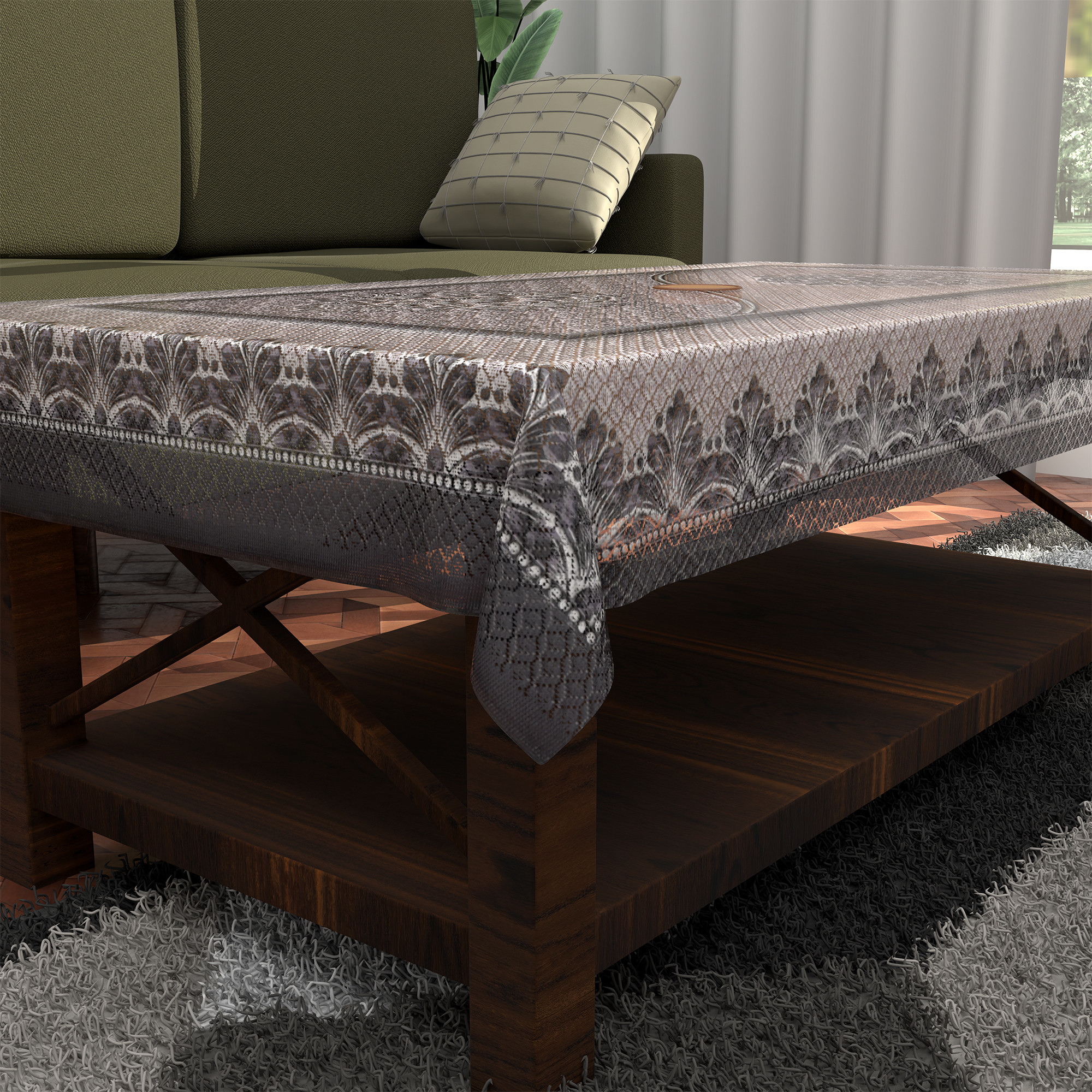 Kuber Industries es Net Durable  Washable  Dining Table Cover for Living Room  Anti Slip TeapoyComputer  Office Table ClothSheet  Leaf Design -Black  Lilac