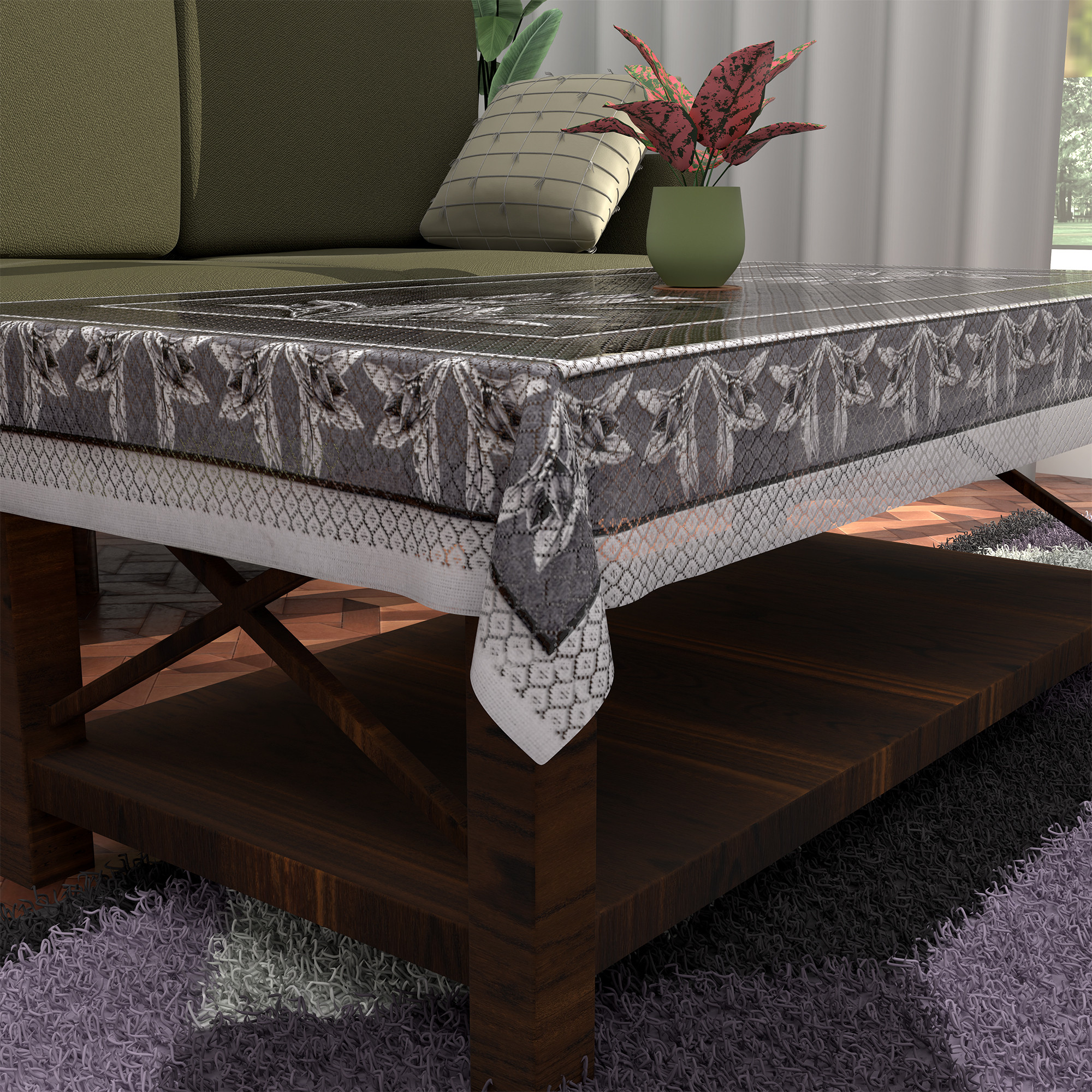 Kuber Industries es Net Durable  Washable  Dining Table Cover for Living Room  Anti Slip TeapoyComputer  Office Table ClothSheet  Digital Print - Black  Lilac